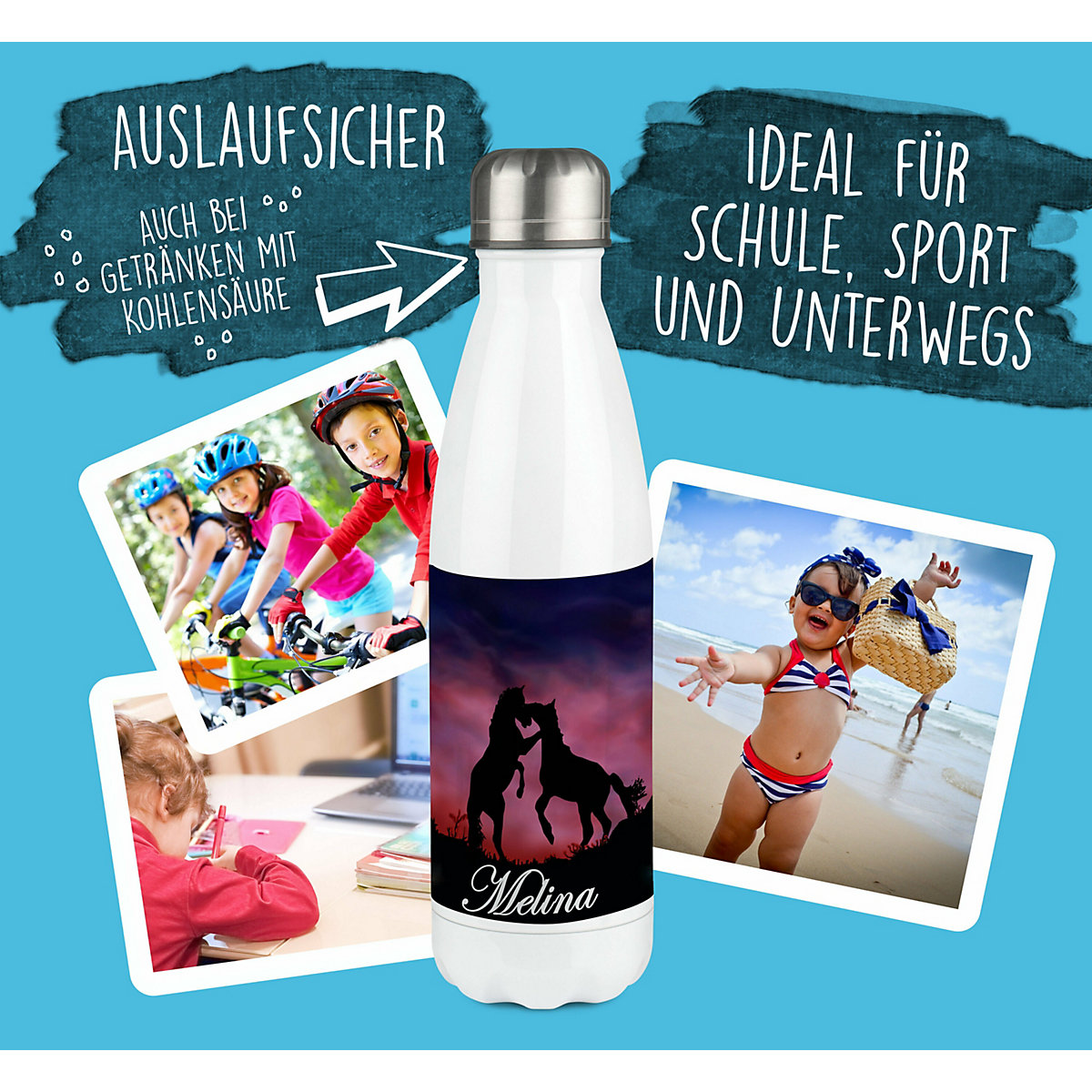 Edelstahl Kinder Thermoflasche / Trinkflasche bunt Pferde Spülmaschinenfest, Auslaufsicher, Bruchfest, Doppelwandig, Für Heißgetränke geeignet, Mit Deckel, Isoliert