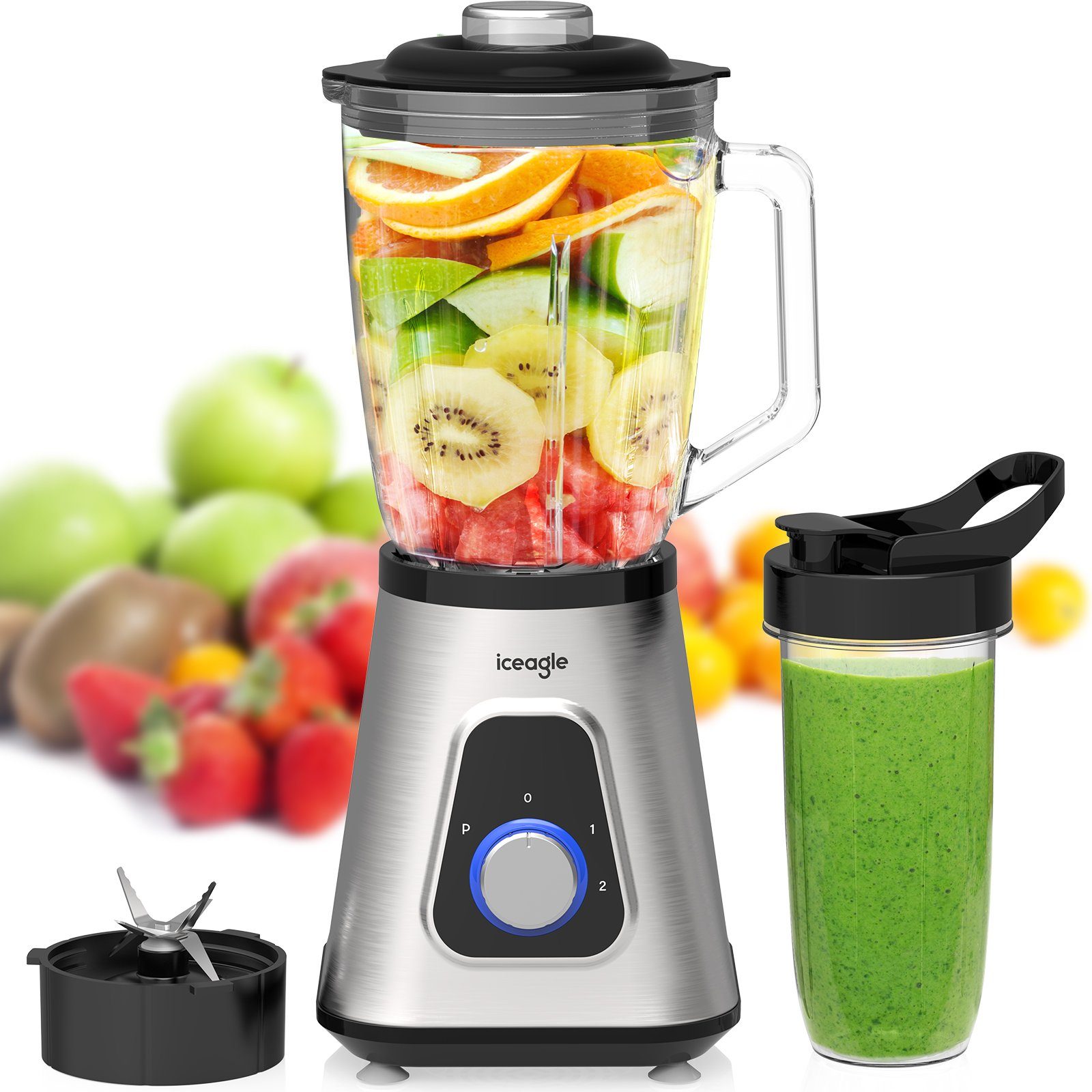 Aoucheni Standmixer Mixer Smoothie Maker für Püree, Ice Crush, Shakes, 1300,00 W, 2 Ebenen, Edelstahl, 1,5L Glasaufsatz, 0,6L Tragbare Tasse, 6-Kling