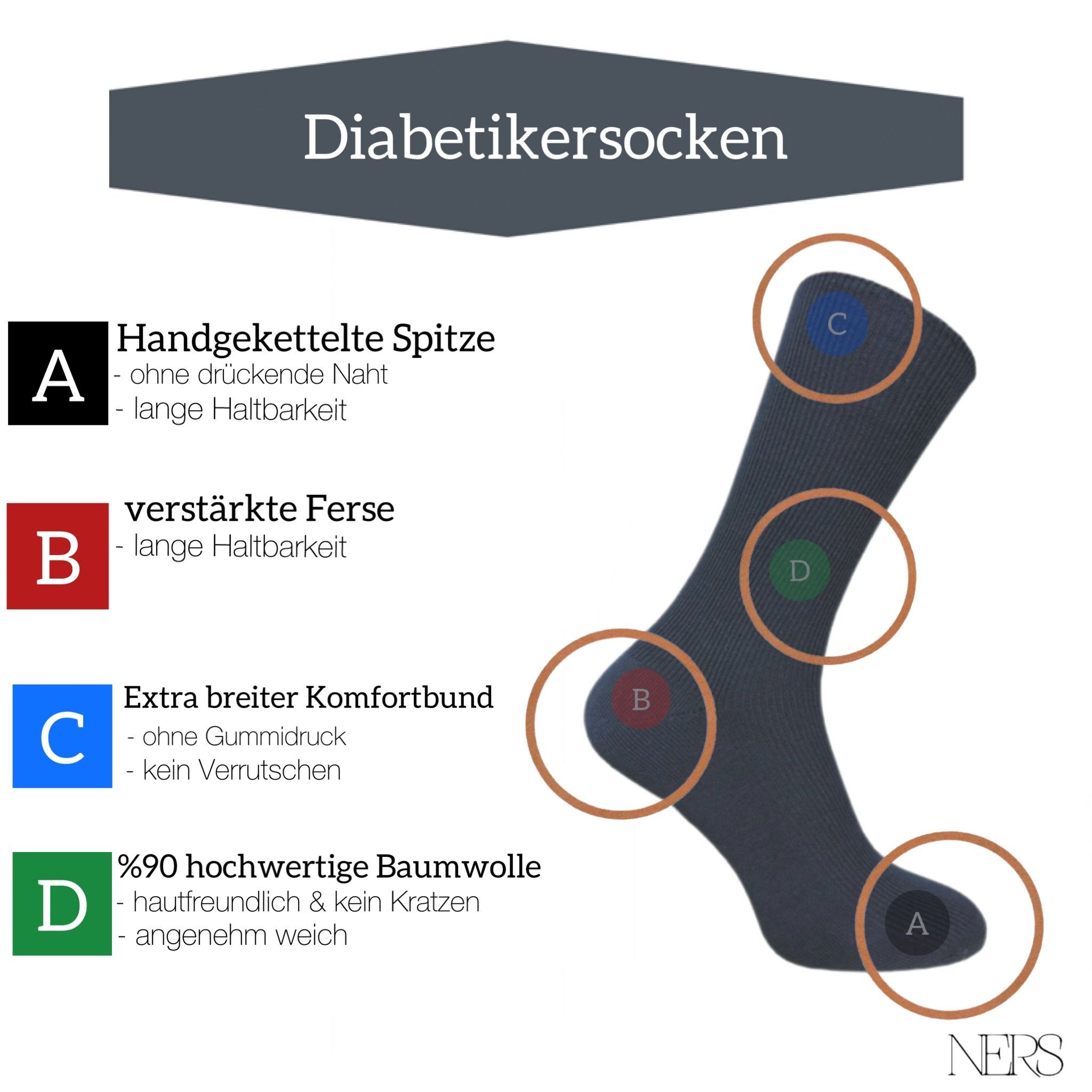 NERS Diabetikersocken für Damen und Herren ohne Gummibund, angenehm weich (9-Paar) ohne drückende Naht, hochwertige Baumwolle
