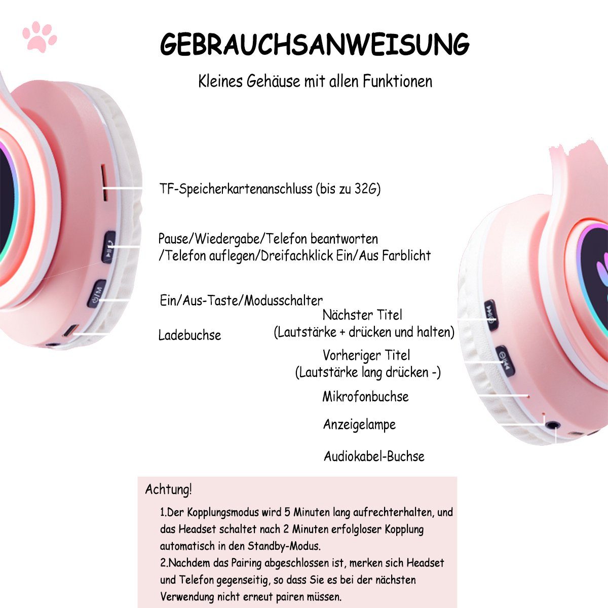 Diida Drahtloses Bluetooth-Headset, wettbewerbsfähiges Gaming-Headset Kinder-Kopfhörer (Bluetooth, Katzenohr-Headset für Mädchen, kompatibel mit Tablet/Computer/Telefon)