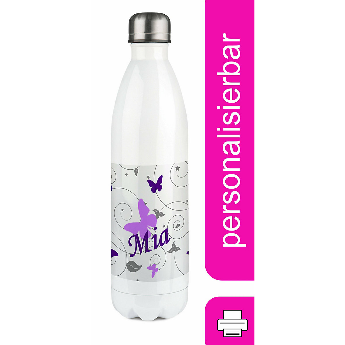 Edelstahl Kinder Thermoflasche / Trinkflasche bunt Schmetterling Ornamente Farbe flieder lila Spülmaschinenfest, Auslaufsicher, Bruchfest, Doppelwandig, Für Heißgetränke geeignet, Mit Deckel, Isol
