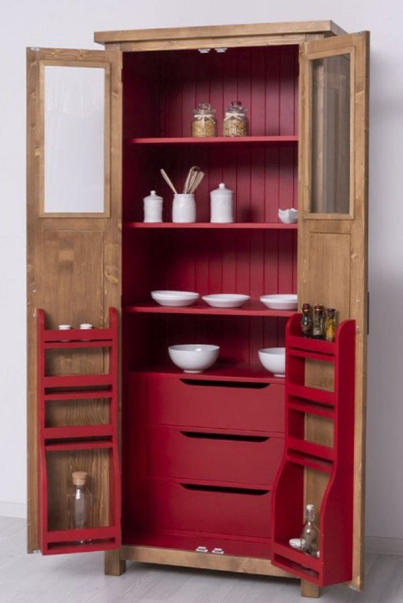 Casa Padrino Küchenbuffet Casa Padrino Landhausstil Esszimmerschrank Naturfarben / Rot 96 x 65 x H. 220 cm - Massivholz Küchenschrank mit 2 Türen - Esszimmer Möbel im Landhausstil - Landhausstil Esszimmer Einrichtung