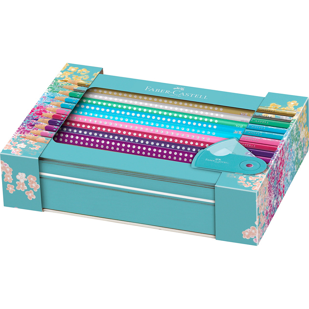 Geschenkset Dreikant-Buntstifte Sparkle, 21 Farben in Metalletui, inkl. Anspitzer