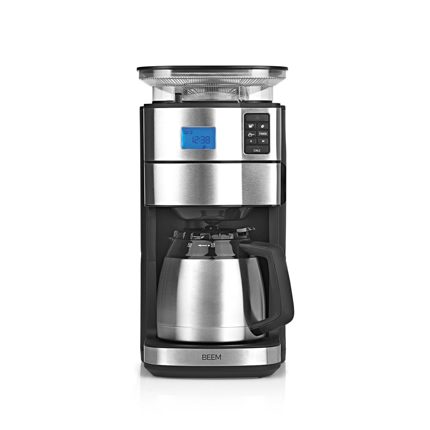 BEEM Filterkaffeemaschine, 1.25l Kaffeekanne, Permanentfilter, Korbfiltertüten, Thermokanne und 24h Timer Kegelmahlwerk