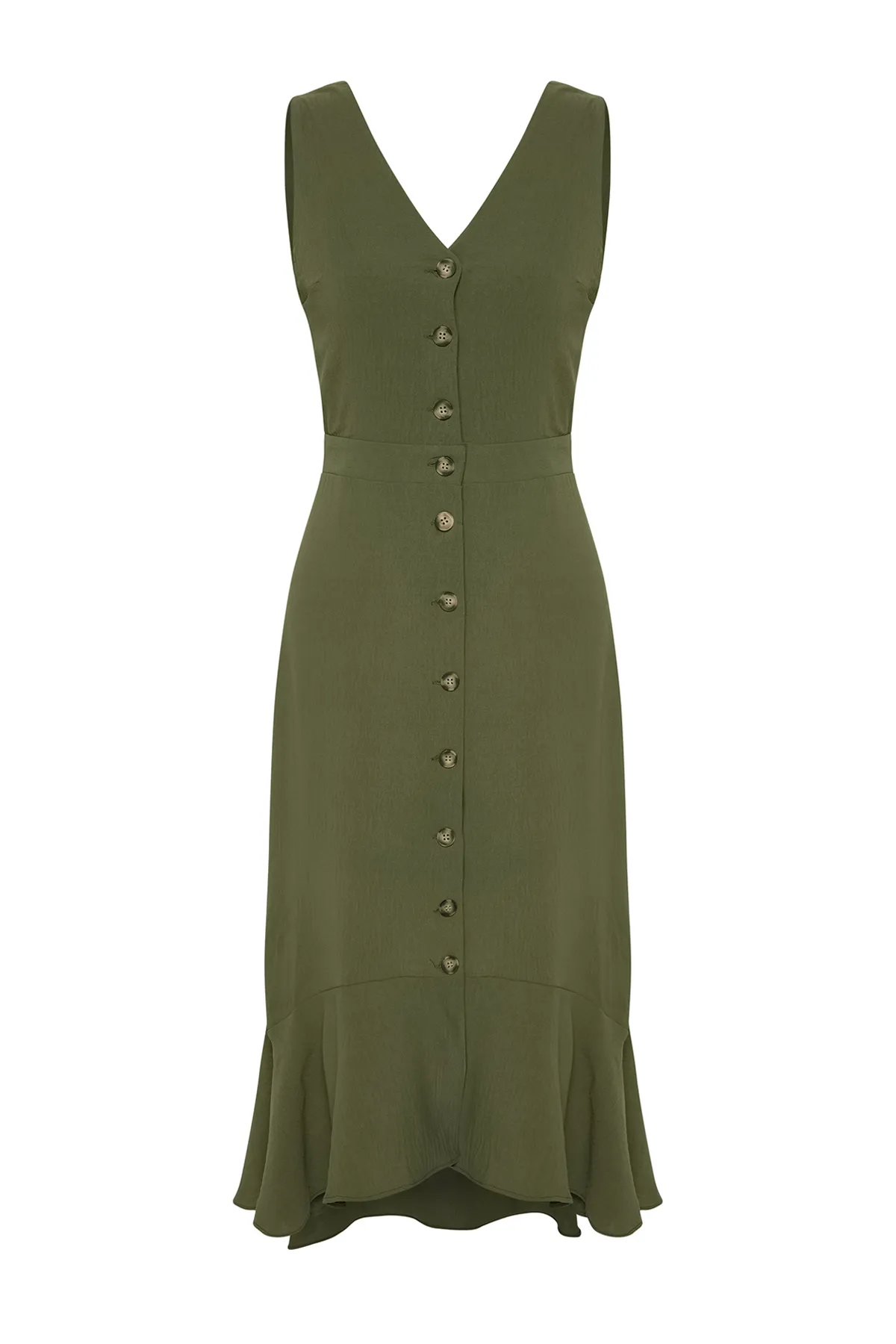 Trendyol Collection  Khaki Khaki gewebtes Midikleid mit Knopfdetail TWOSS23EL02158