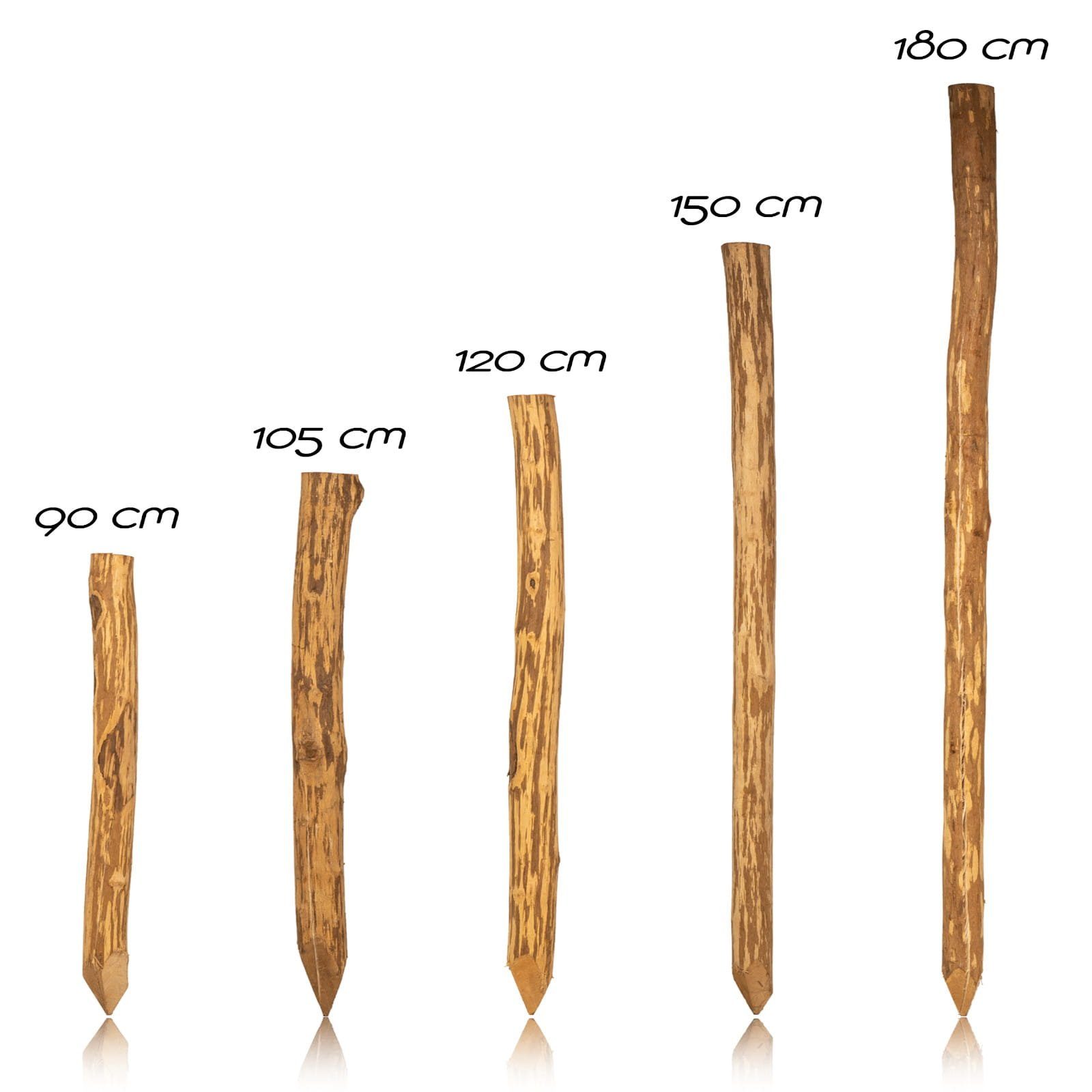 BooGardi Zaunpfosten Zaunpfahl Haselnuss imprägniert, (Baumpfahl spitz 90cm · viele Größen), Rundpfosten Staketenzaun Holzpfahl Palisade Garten