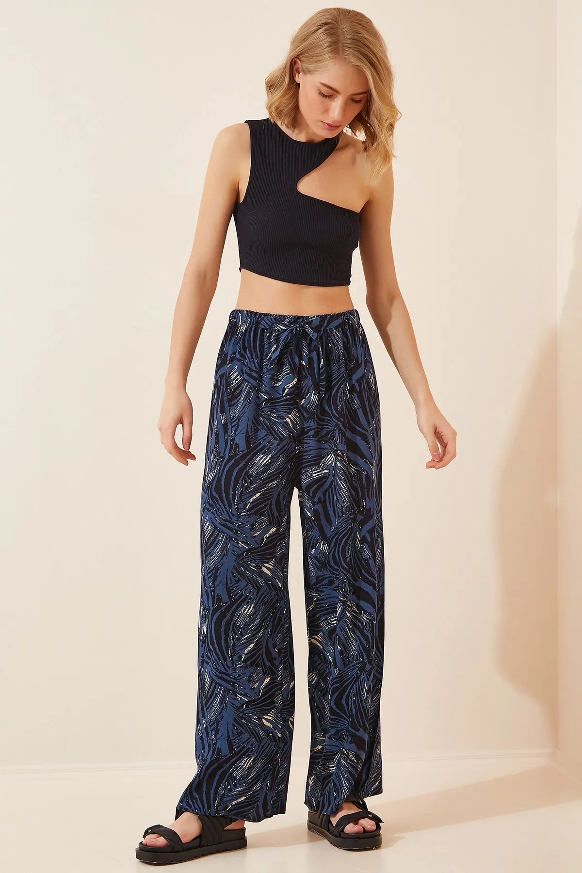 Happiness İstanbul  Damen-Sommerhose aus lockerer Viskose in Kobaltblau mit hoher Taille, BH00354