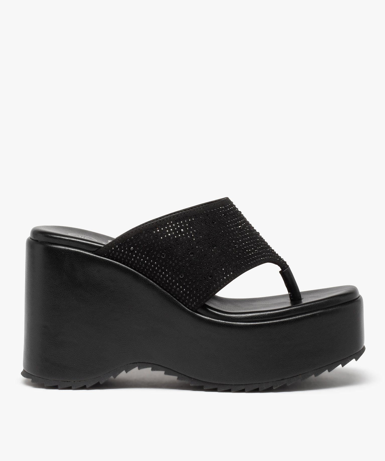 Mules femme compensées à entre-doigts orné de strass noir | GEMO
