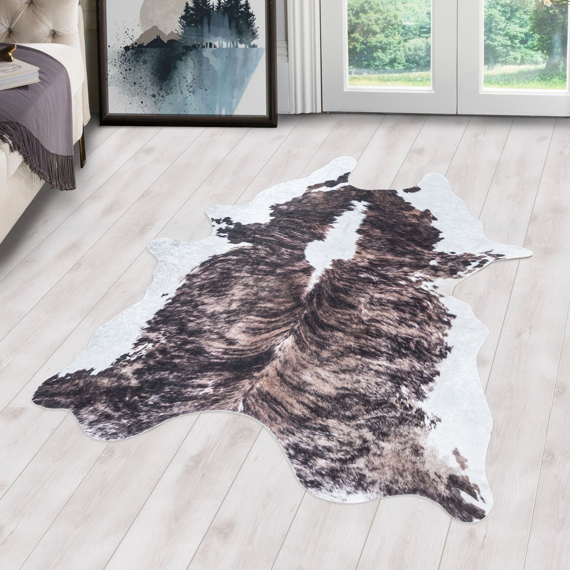 Fellteppich Rindsleder Imitat, Carpetsale24, Rund, Höhe: 7 mm, Fellteppich Kuhfell Rindsleder Imitat Digitaldruck Waschbar Rutschfest