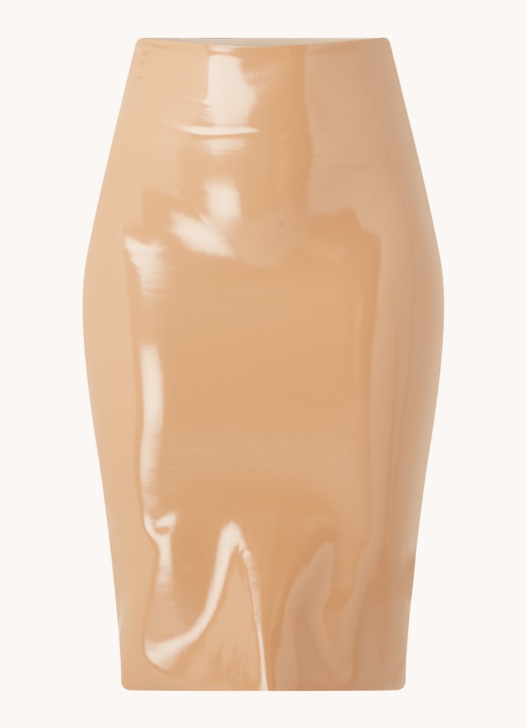 Commando pencil skirt with patent finish and slit