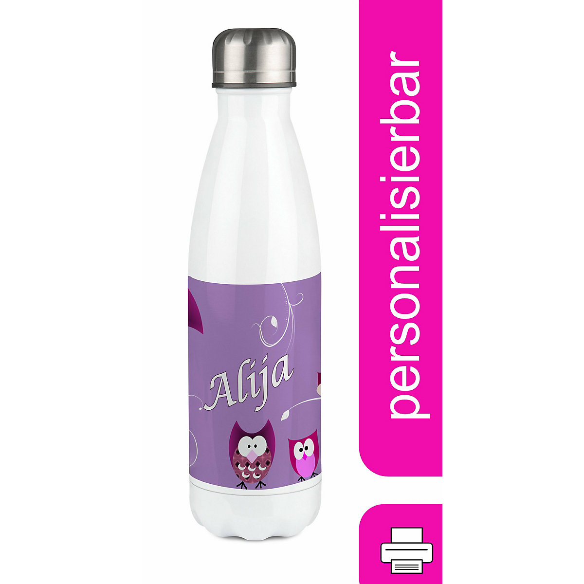 Edelstahl Kinder Thermoflasche / Trinkflasche bunt Eule Farbe lila Spülmaschinenfest, Auslaufsicher, Bruchfest, Doppelwandig, Für Heißgetränke geeignet, Mit Deckel, Isoliert