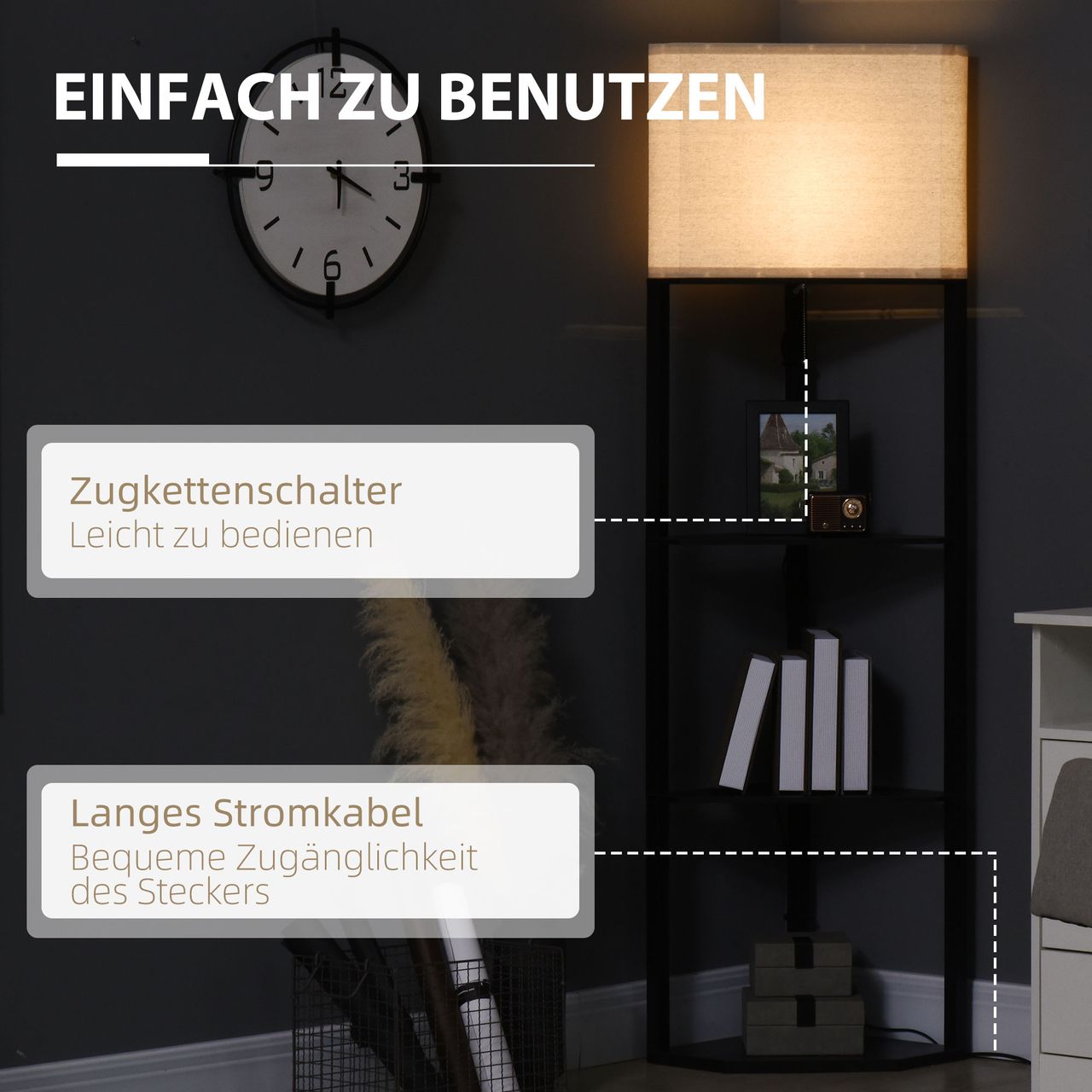 HOMCOM Stehlampe Stehleuchte mit 3 Fächern, 40 W Standlampe mit E27 Fassung Weiß