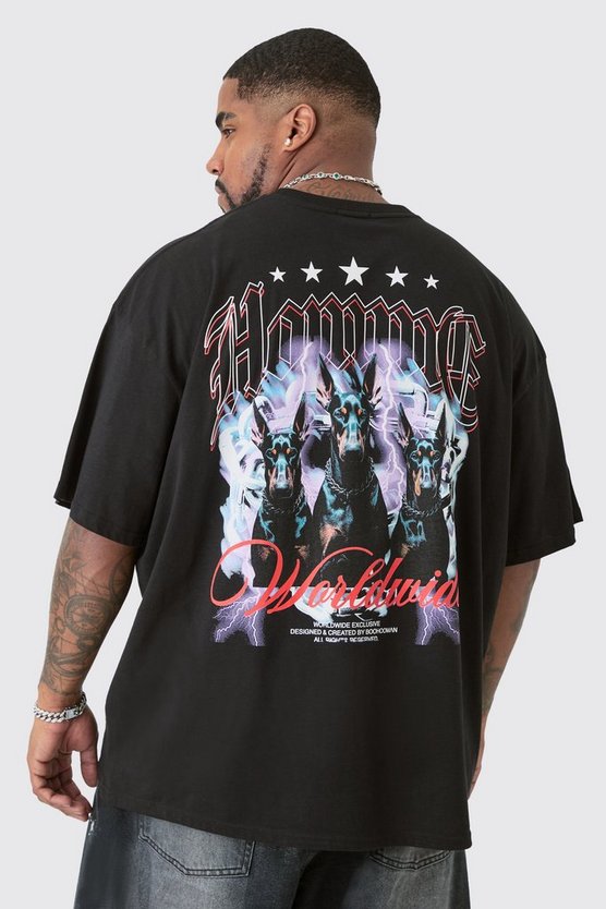 Plus schwarzes T-Shirt mit Homme Dog Star Print