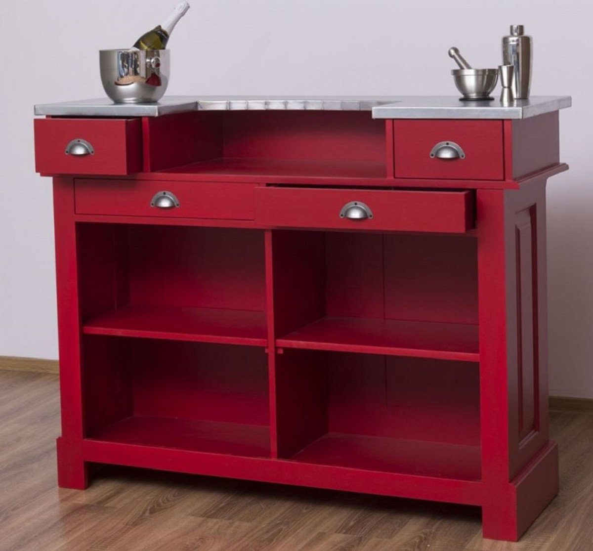 Casa Padrino Barschrank Landhausstil Theke Rot / Silber 140 x 51 x H. 107 cm - Massivholz Thekentisch mit verzinkter Tischplatte - Möbel im Landhausstil