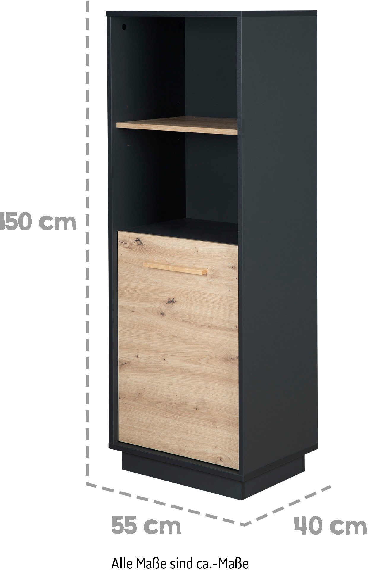 roba® Standregal Regal Lenn, 150 cm hoch - Anthrazit & Dekor: Artisan Eiche, modernes Bücher- oder Dekoregal, 2 offene Fächer, 1 Tür mit 2 Fächern