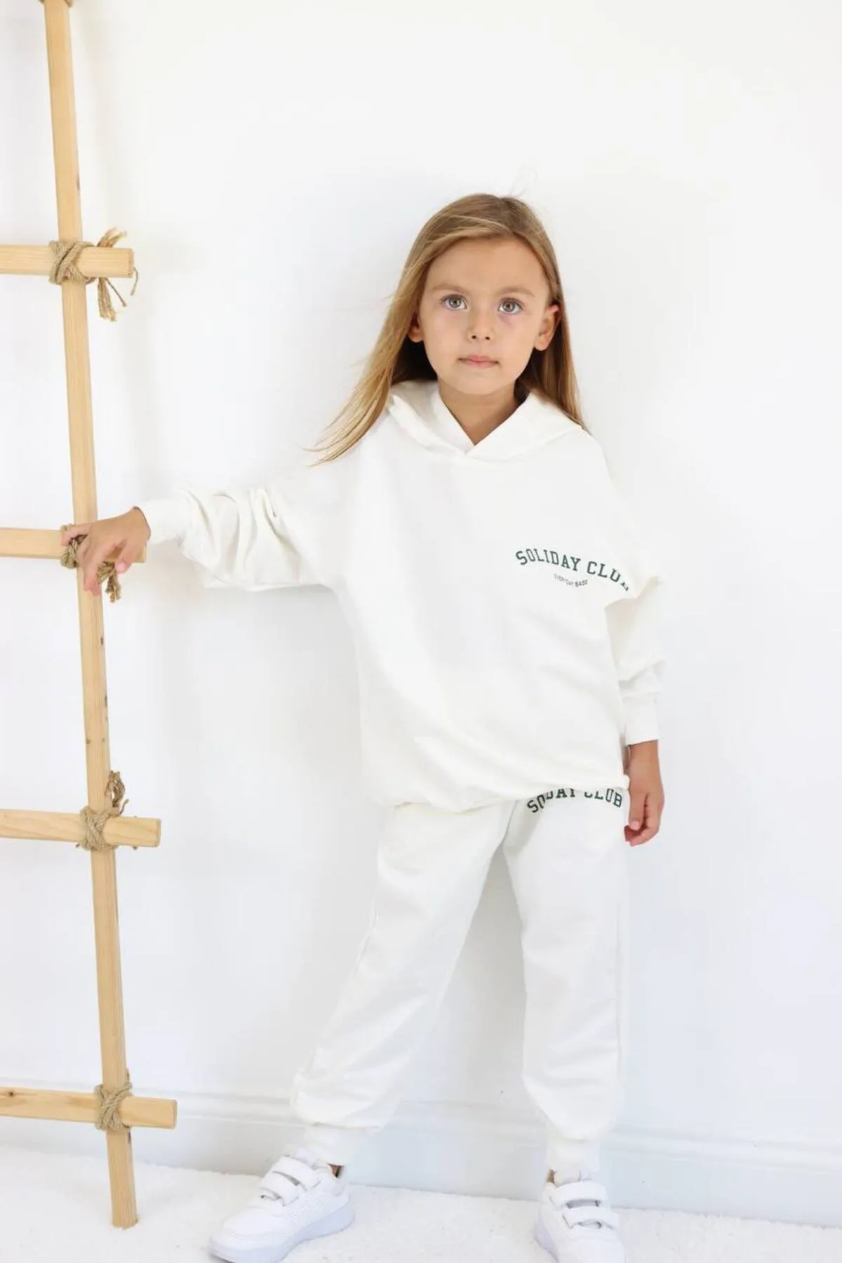 Lolliboomkids  Ecrufarbenes 3-Faden-Raised-Slogan-Schriftzug-Winter-Trainingsanzug-Set mit Kapuze und Oberteil für Mädchen in Übergröße