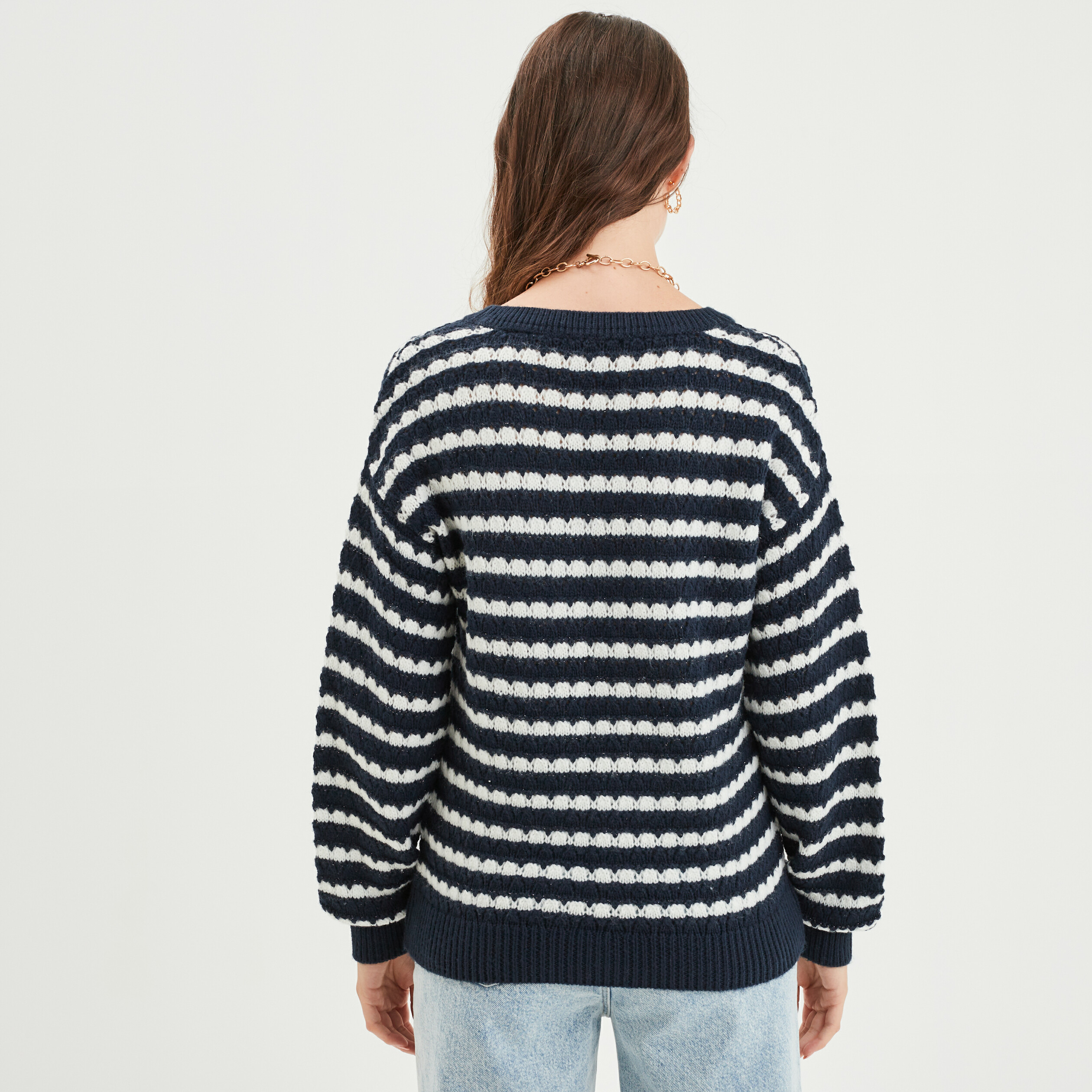 Pull col rond fils métallisés Creeks bleu marine femme | La Halle