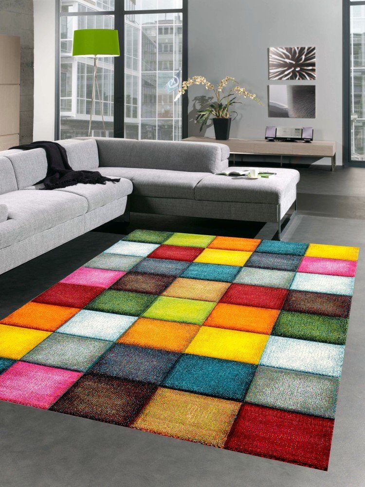 Teppich Teppich modern Teppich Wohnzimmer Karo bunt gelb rot blau grün, Carpetia, rechteckig, Höhe: 13 mm