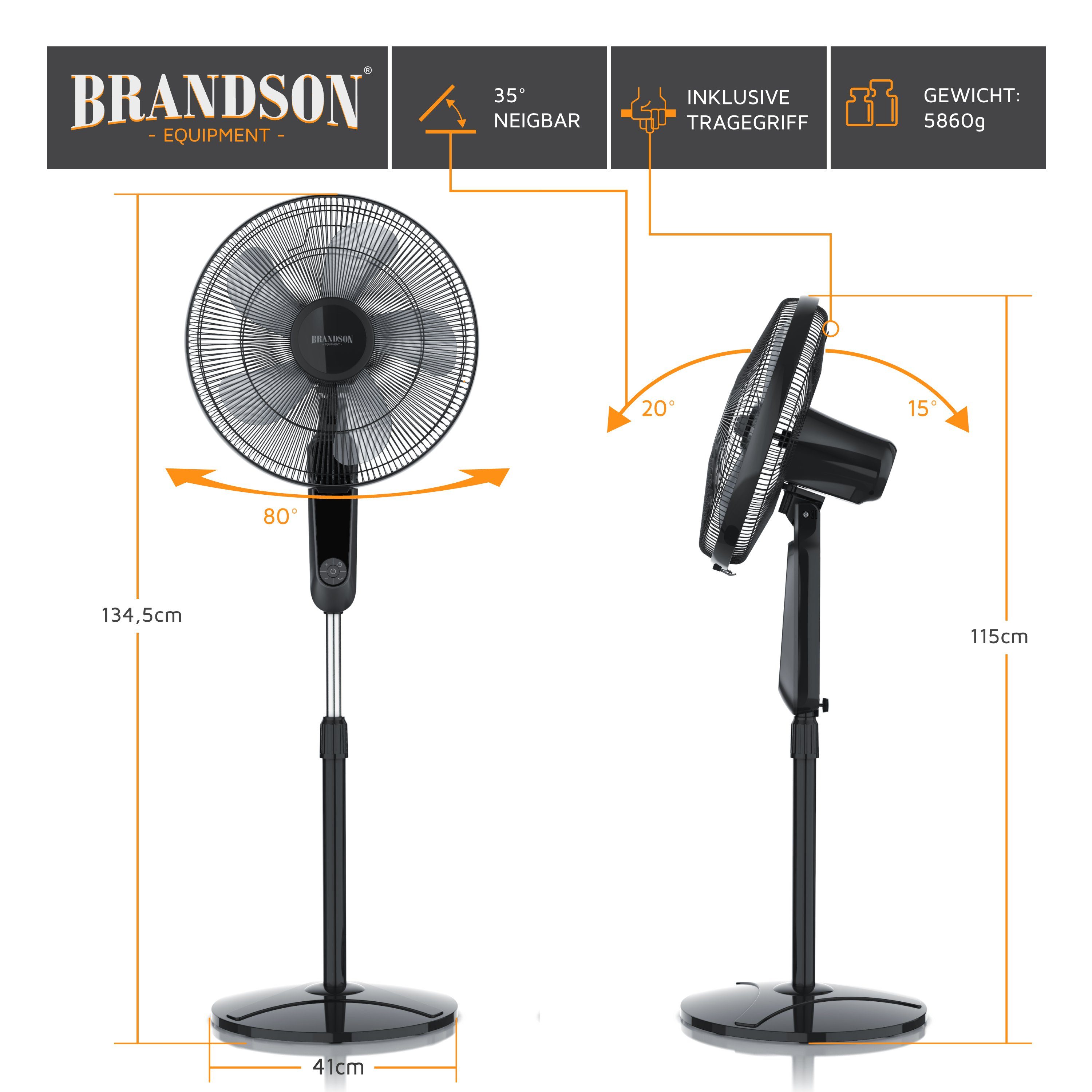 Brandson Standventilator, 45,5 cm Durchmesser, DC, leise, Fernbedienung, energiesparend, Oszillation, 25 Stufen