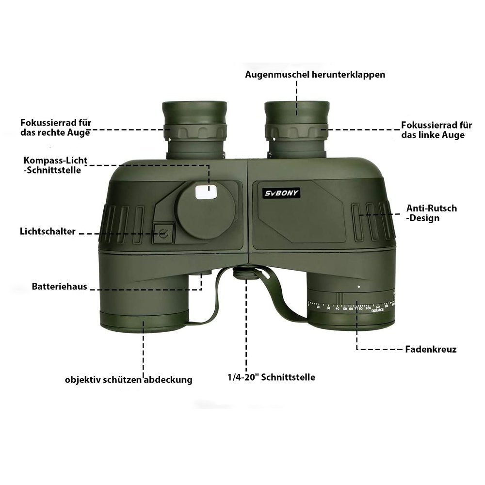 SVBONY SV27 Militär Fernglas Wasserdichtes HD FMC BAK4 for Abenteuer Rettung Fernglas (mit Entfernungsmesser& Kompass, IPX7 wasserdicht, aus Gummi)
