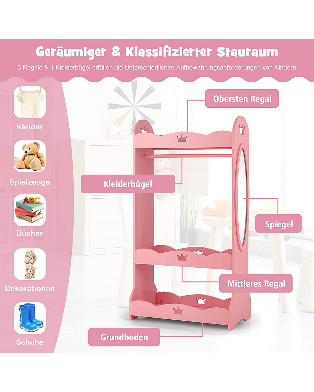 Kleiderschrank Kinder mit Spiegel 3 Ebenen