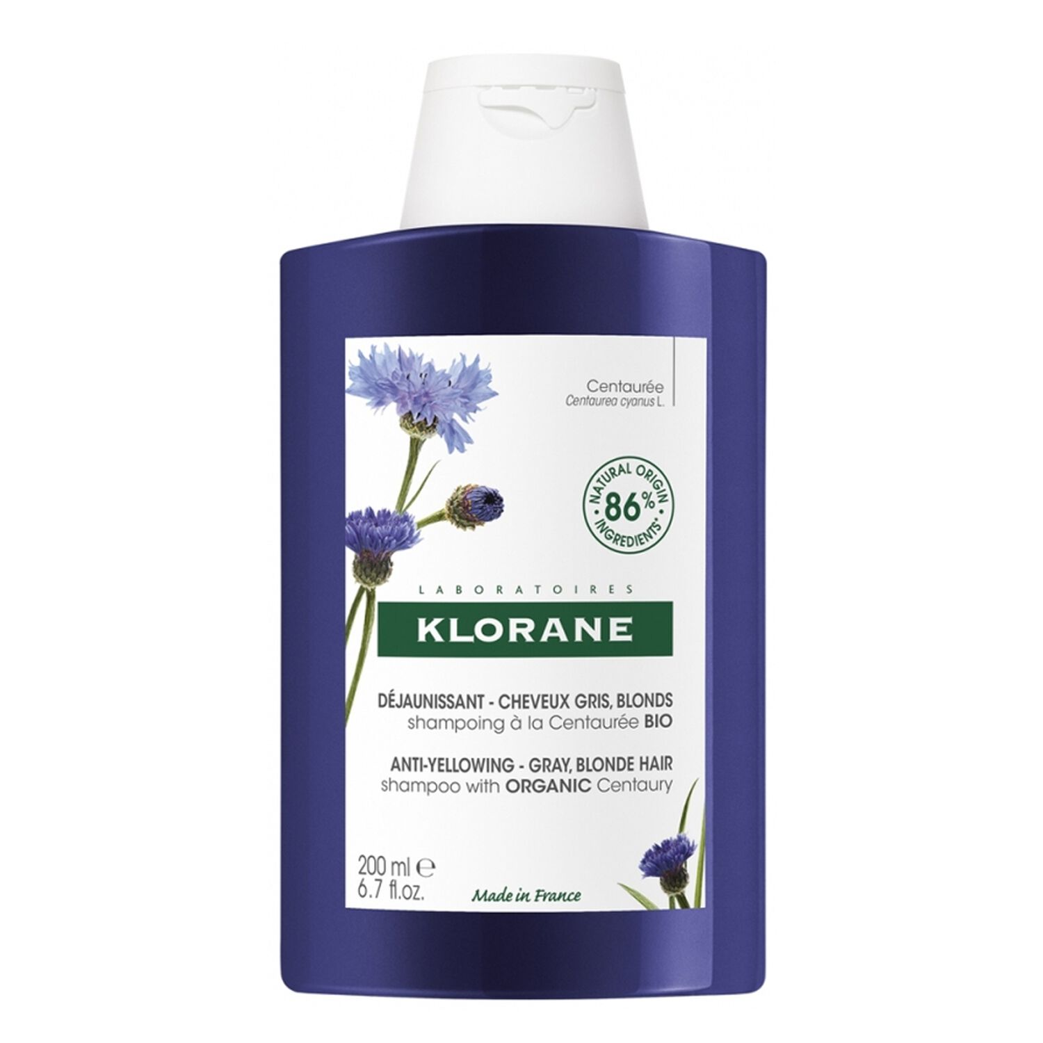 Klorane Shampoing Déjaunissant à la Centaurée Bio - Cheveux Gris Blonds 200 ml