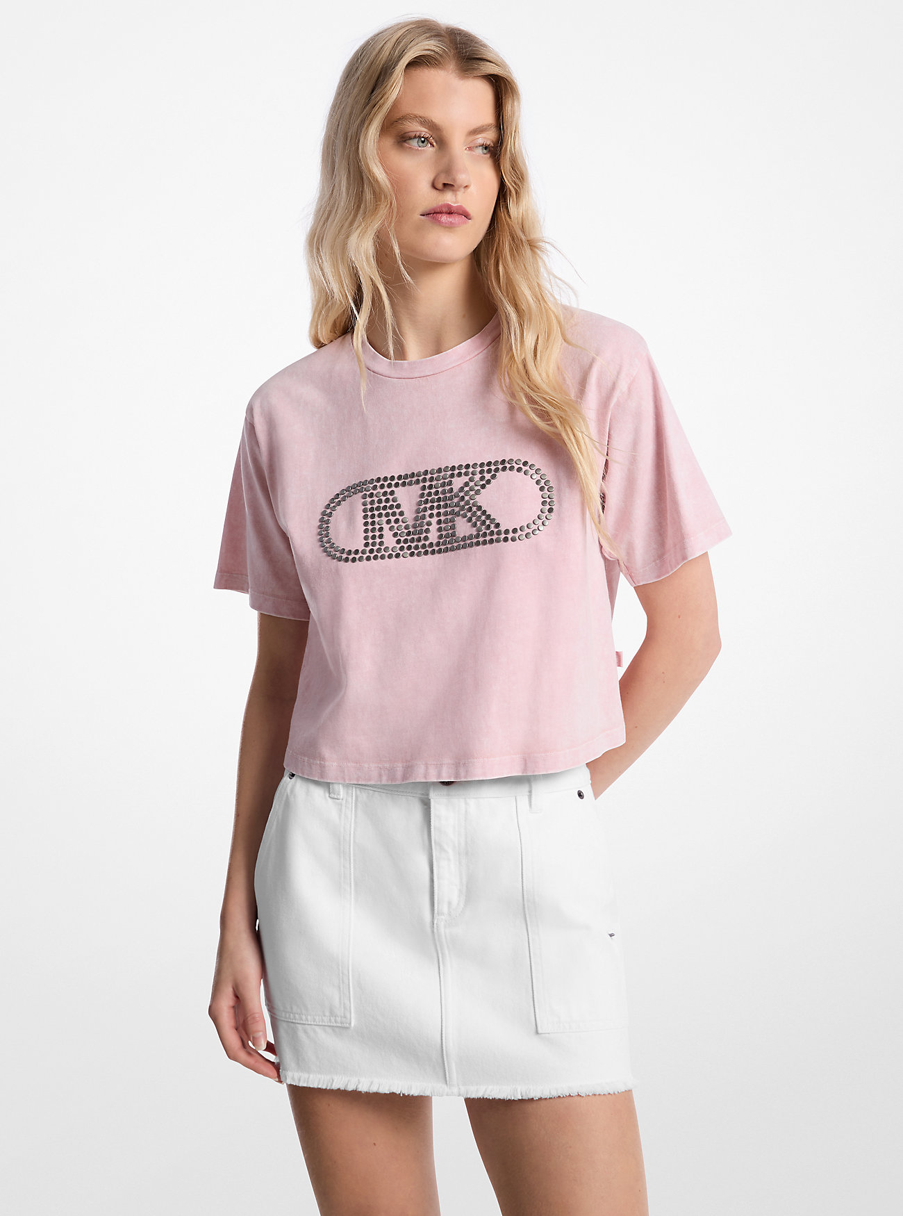 Studded Garment-Dyed Cotton Cropped T-Shirt - ROSEWATER WASH