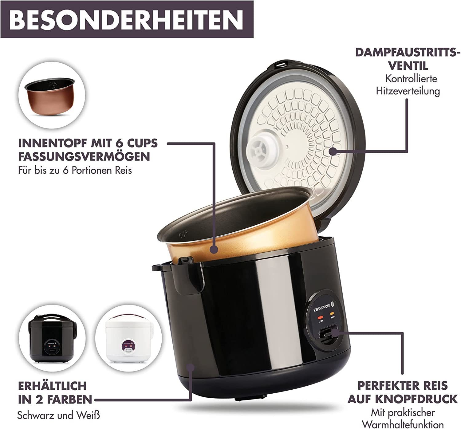 Reishunger Reiskocher - Reiskocher, 500 W, Mit Dampfgarfunktion & Warmhaltefunktion