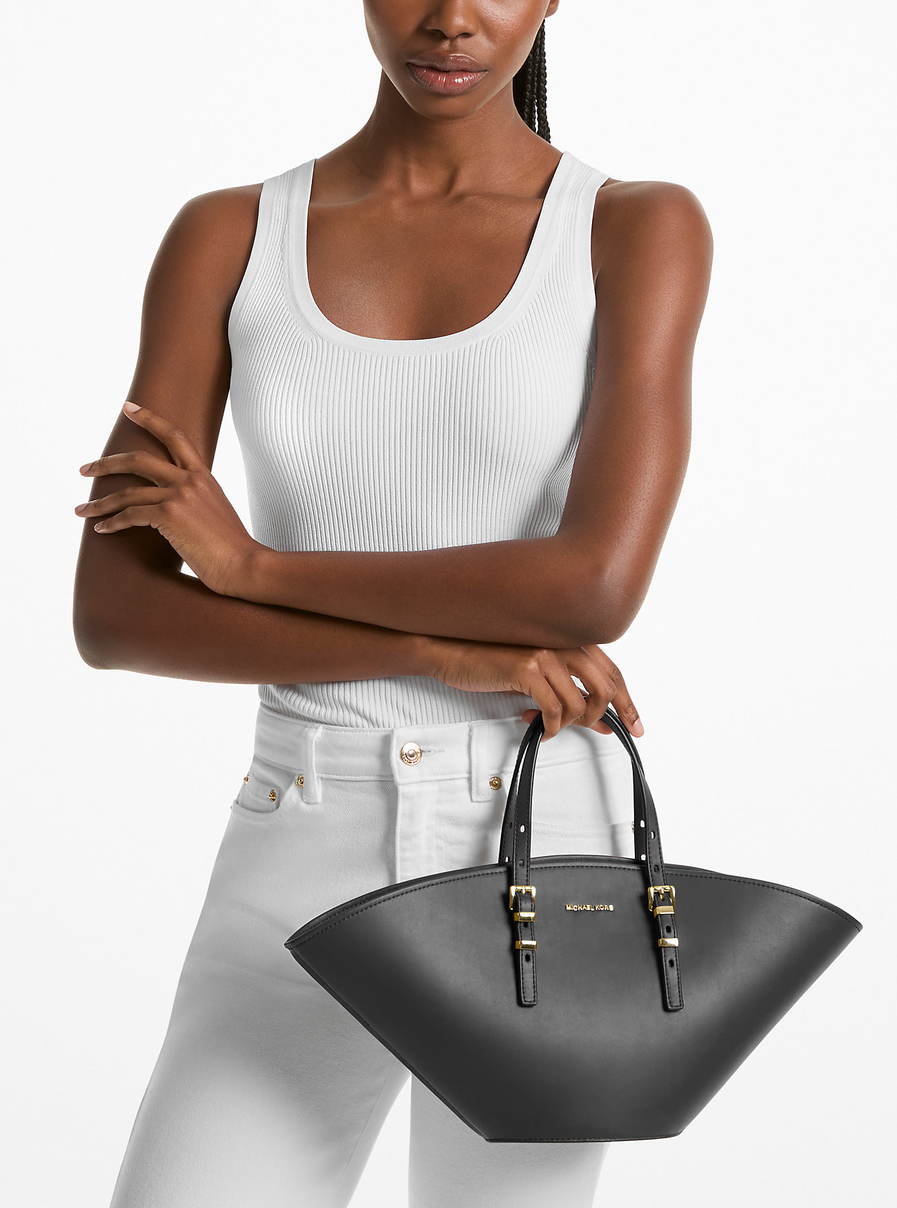 Isa Small Leather Fan Tote Bag - BLACK