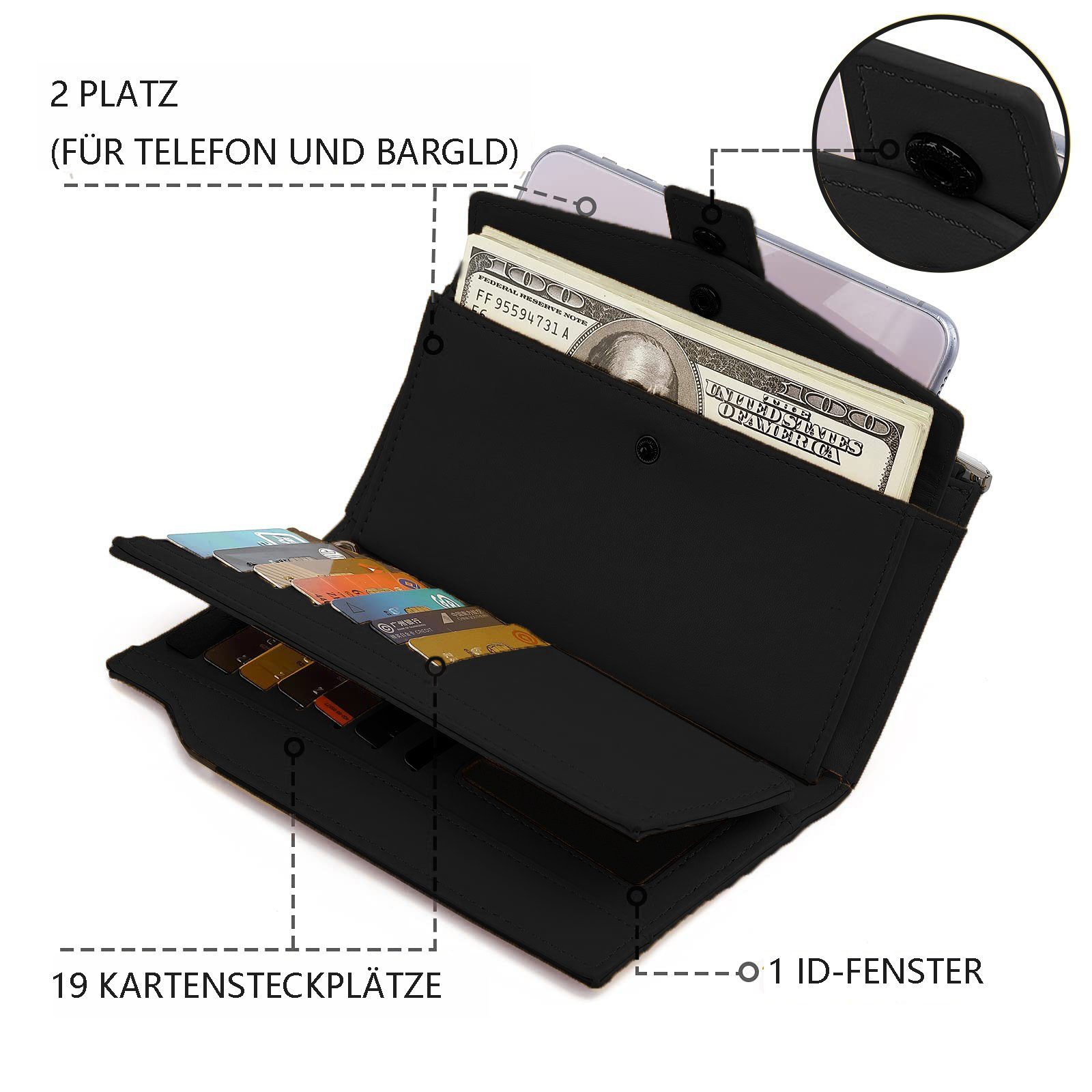TAN.TOMI Geldbörse Geldbeutel Damen Geldbörse große Portemonnaie lange Brieftasche, Steckplätze mit mehreren Kreditkarten,Steckplatz für Fotos