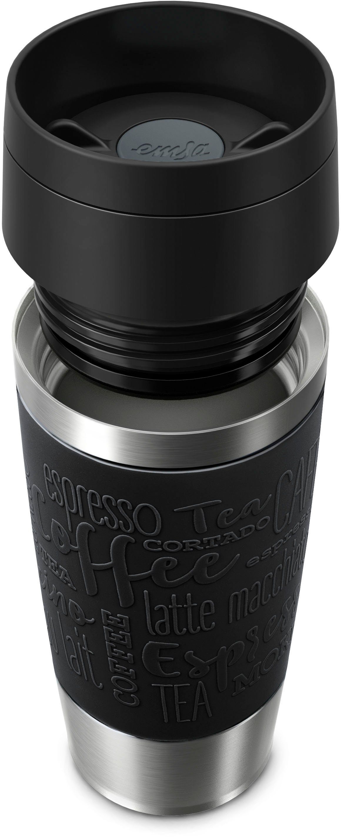 Emsa Thermobecher Travel Mug Classic, Edelstahl, Kunststoff, Silikon, 6h heiß, 12h kalt, 100% dicht, spülmaschinenfest, 360°-Trinköffnung
