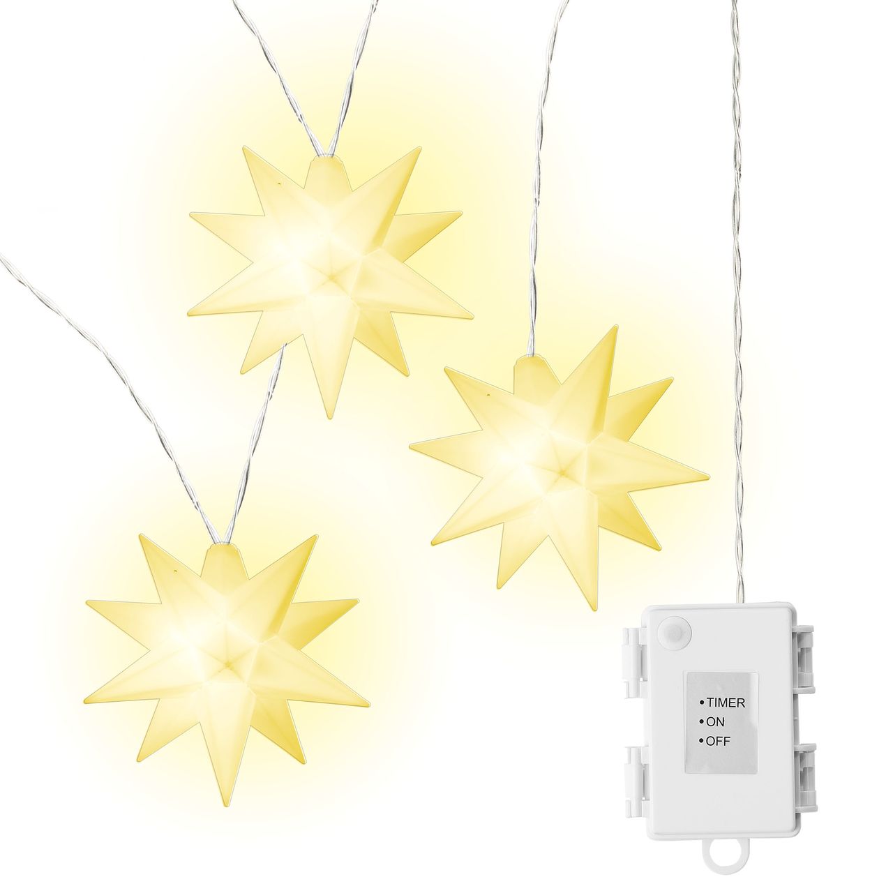 Weles AMARE LED Sterne 3er Kette weiß Durchmesser der Sterne je 15 cm, Länge der Kette 1,5 m (zzgl. 1 m Zuleitung), LED Farbe warmweiß, CE geprüft, für den Innen- und Außenbereich, Timer
