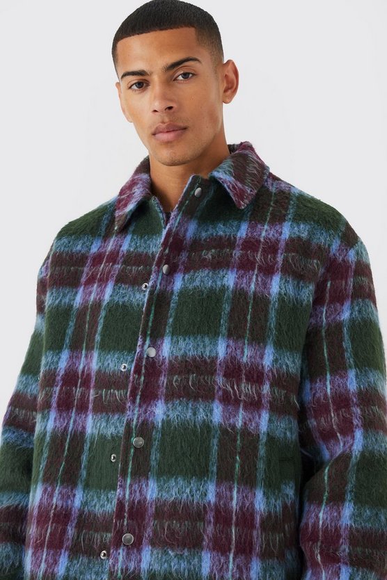 Karierte Oversize Harrington-Jacke in Wolloptik
