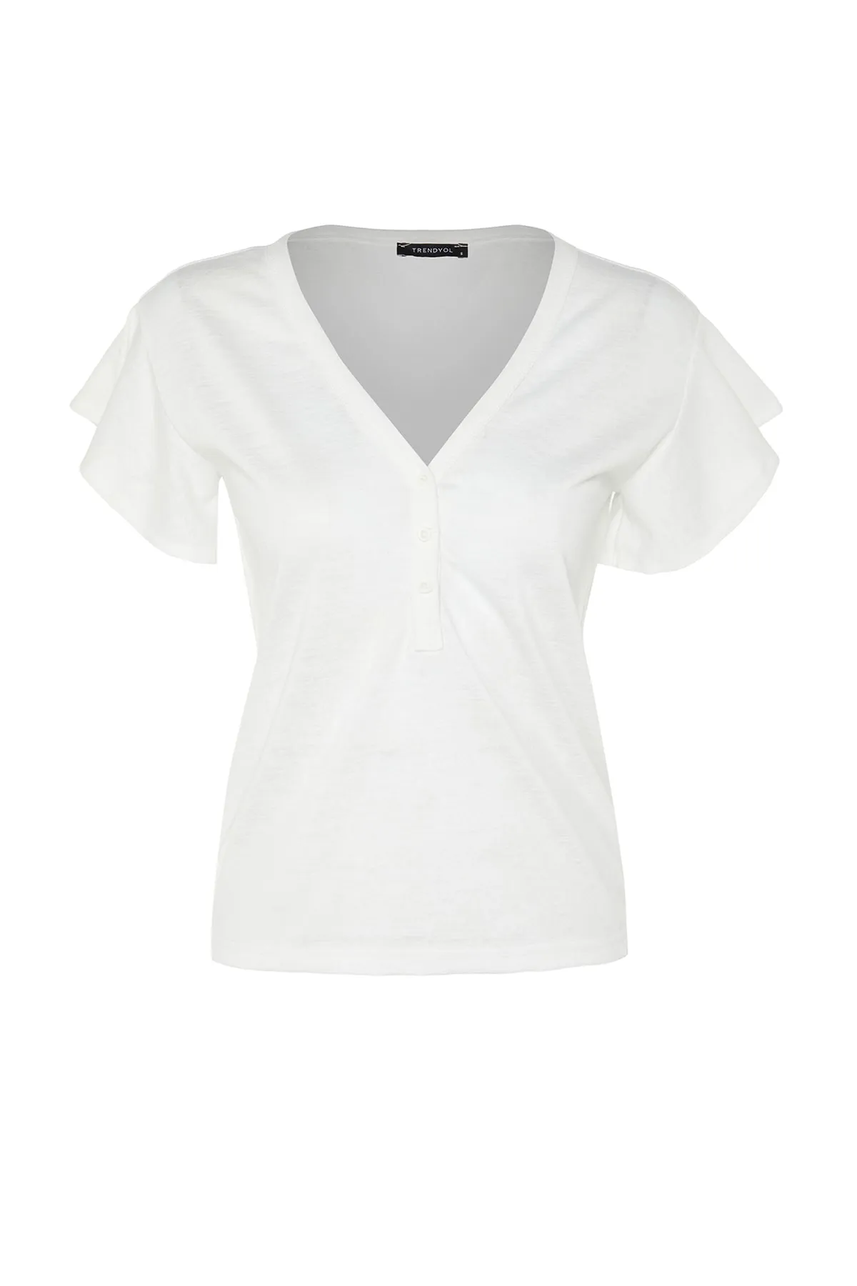 Trendyol Collection  Weißes, geknöpftes Basic-Strick-T-Shirt in Leinenoptik mit V-Ausschnitt und Rüschenärmeln TWOSS23TS00382