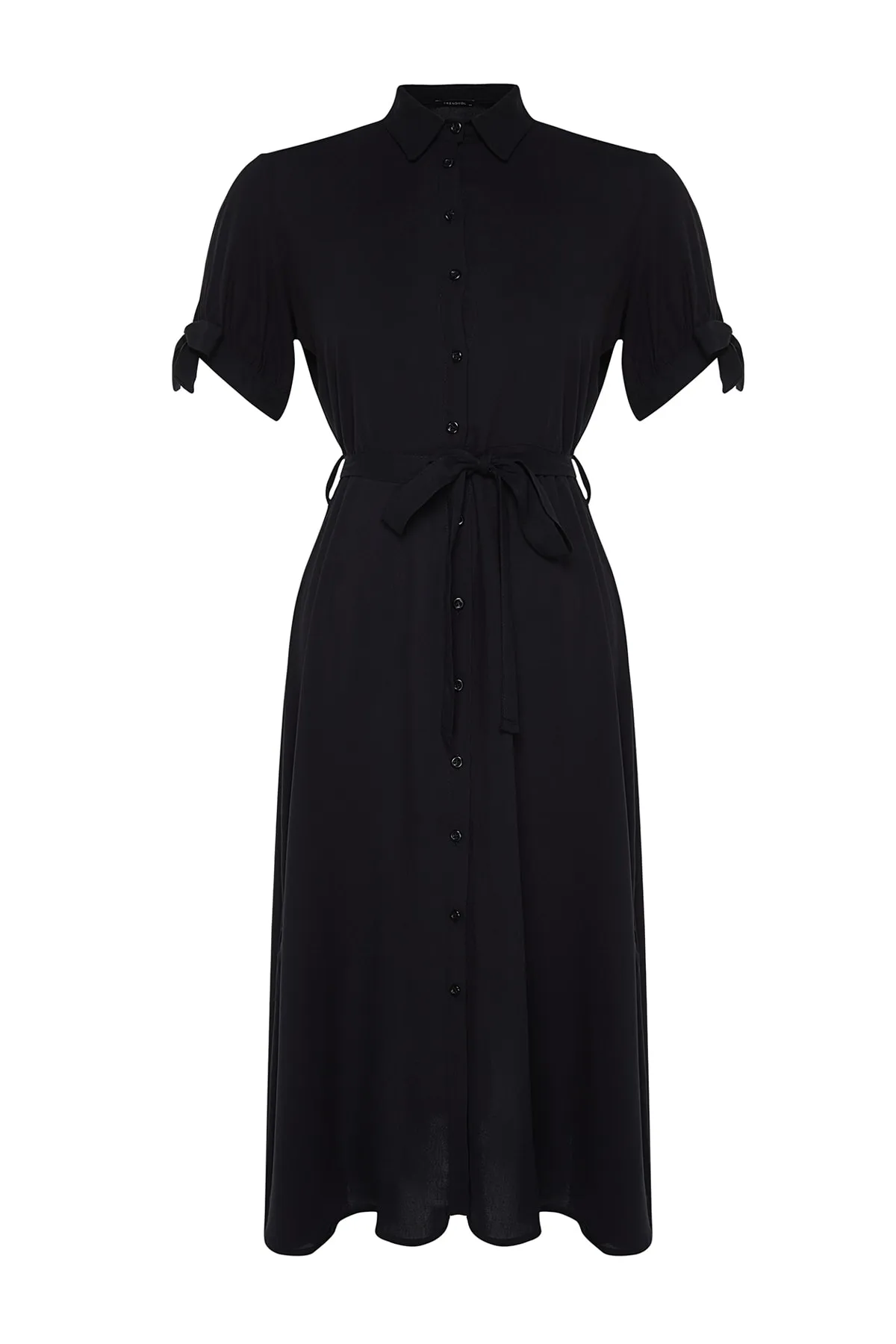 Trendyol Curve  Schwarzes gewebtes Kleid mit Knöpfen und Gürtel TBBSS22EL1603