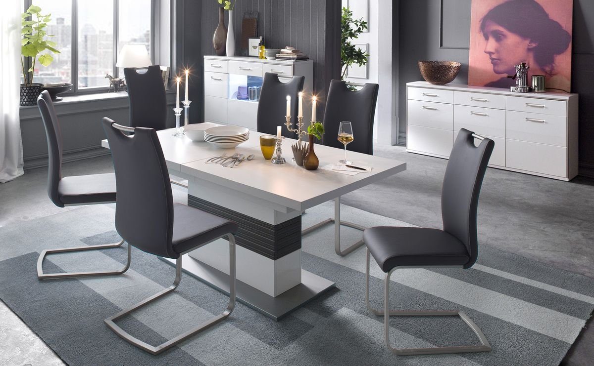 expendio Wohnzimmer-Set Travis 143, (Spar-Set, 7-St), weiß Hochglanz montiert LED + Softclose + 4x Stuhl Kunstleder schwarz