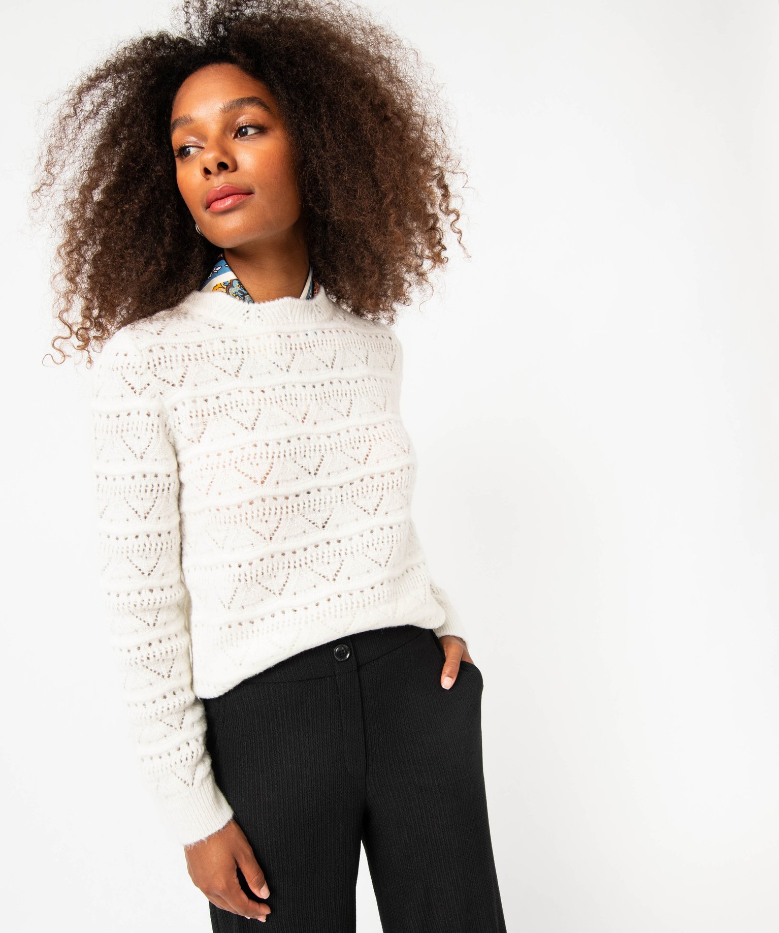 Pull en maille ajourée femme ecru | GEMO