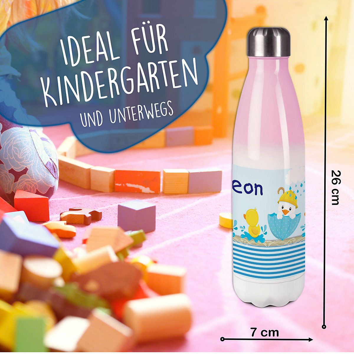 Edelstahl Kinder Thermoflasche / Trinkflasche bunt Ente Spülmaschinenfest, Auslaufsicher, Bruchfest, Doppelwandig, Für Heißgetränke geeignet, Mit Deckel, Isoliert