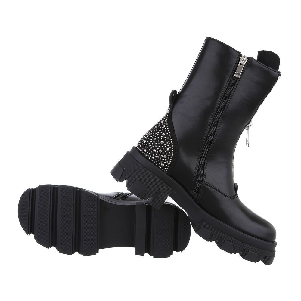 Ital-Design Damen Bikerschuhe Biker Westernstiefelette Blockabsatz Plateaustiefeletten in Schwarz