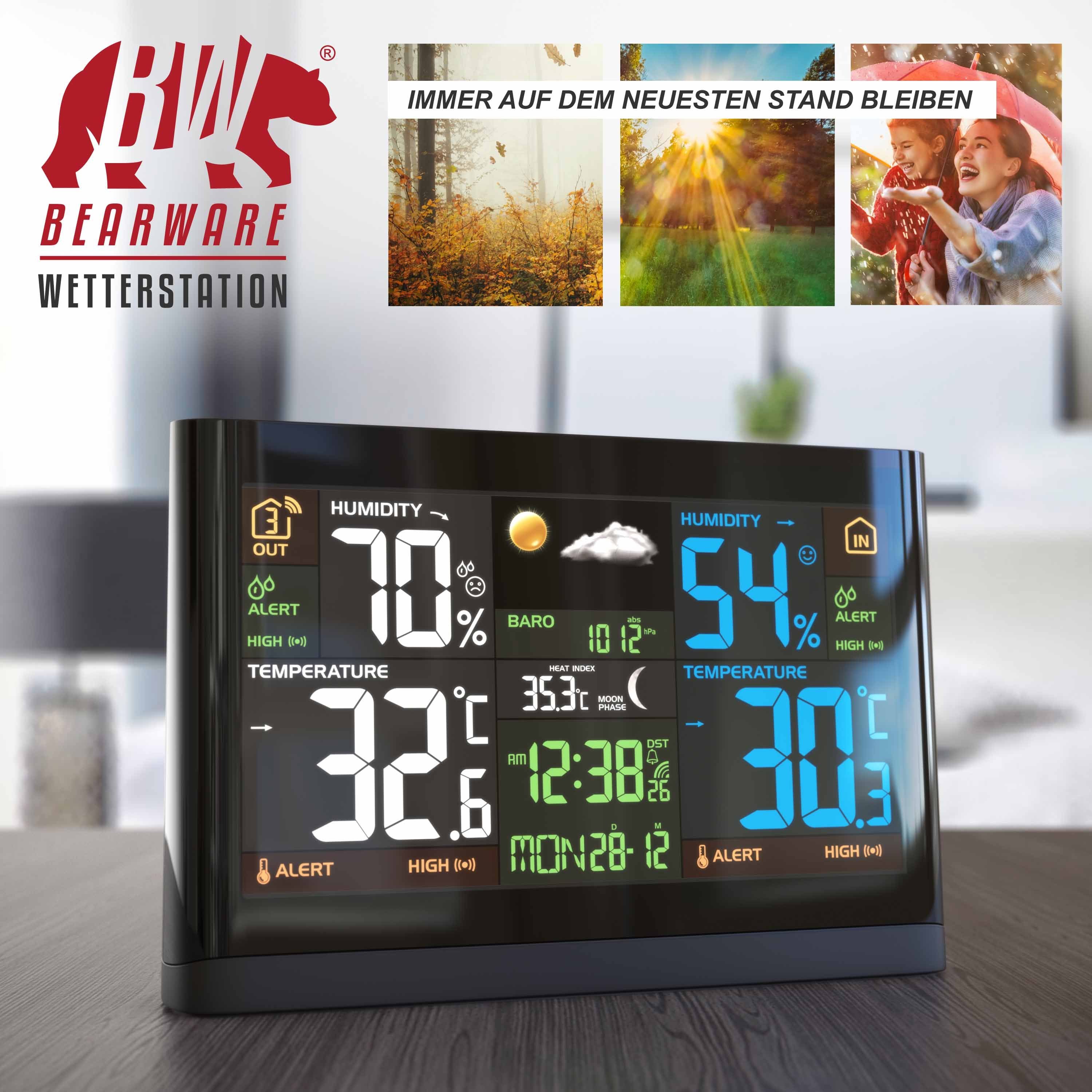 BEARWARE Wetterstation (mit Außensensor, Funk Wetterstation - Luftdruck - Temperaturtrend - Wetterprognose)