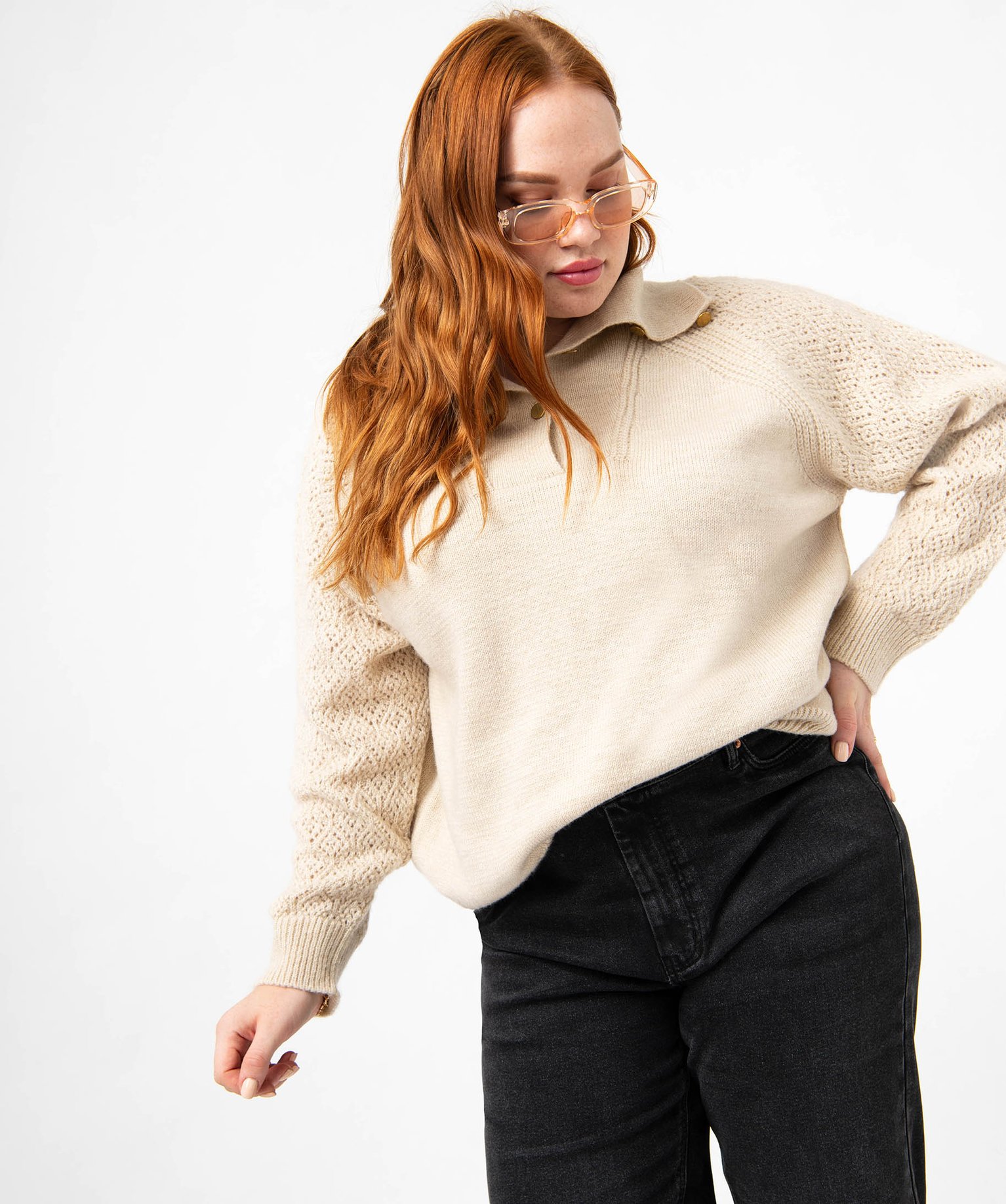 Pull à col montant et manches fantaisie femme grande taille ecru | GEMO