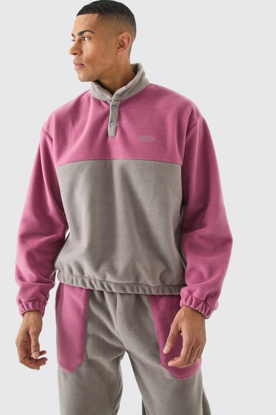 Man Oversize Colorblock Fleece-Trainingsanzug mit Druckknöpfen