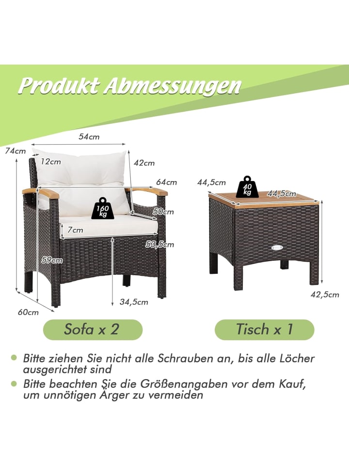 COSTWAY 3tlg. Polyrattan Gartenmöbel Set in Weiß günstig kaufen onesize