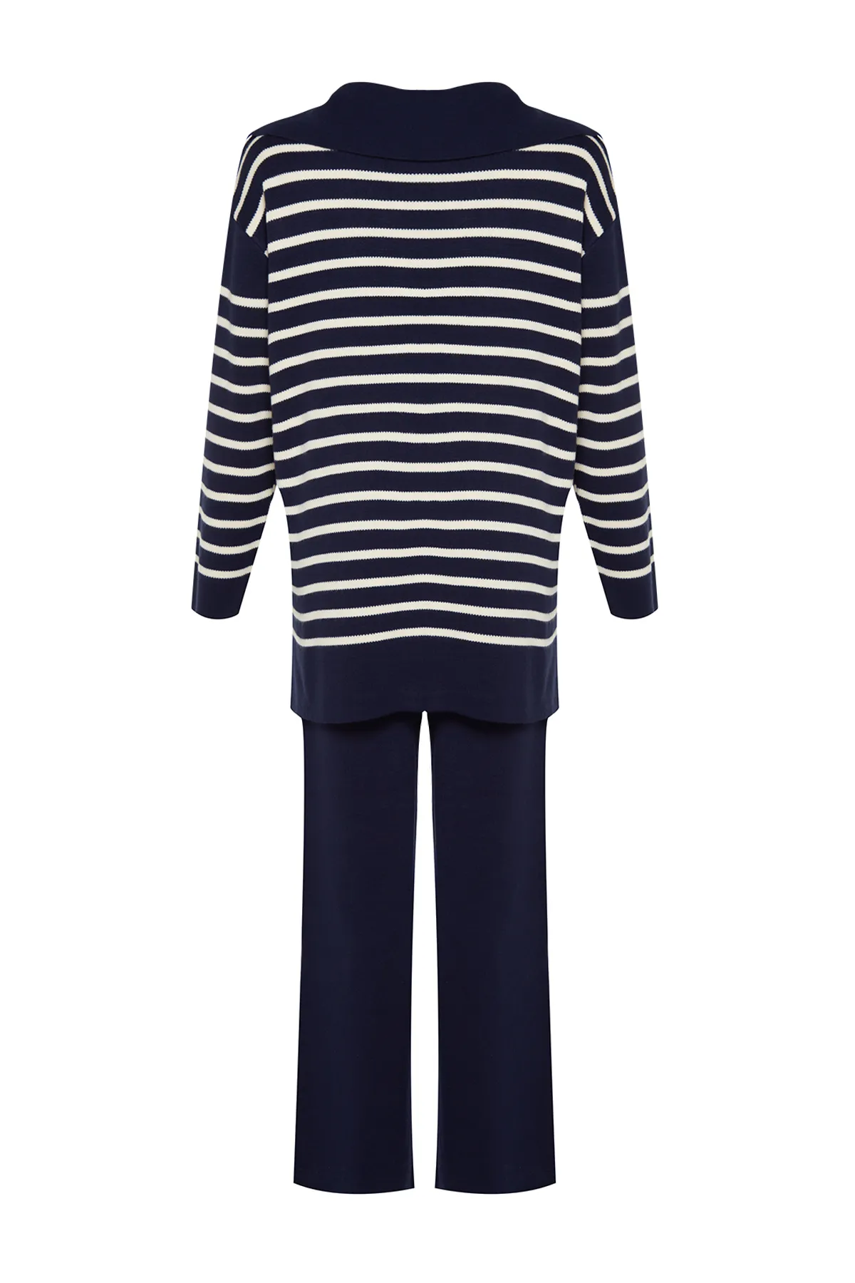 Trendyol Modest  Marineblaues Strickoberteil- und Unterteil-Set mit gestreiftem Kragen und Krawatte, Pullover und Hose TCTAW24US00080