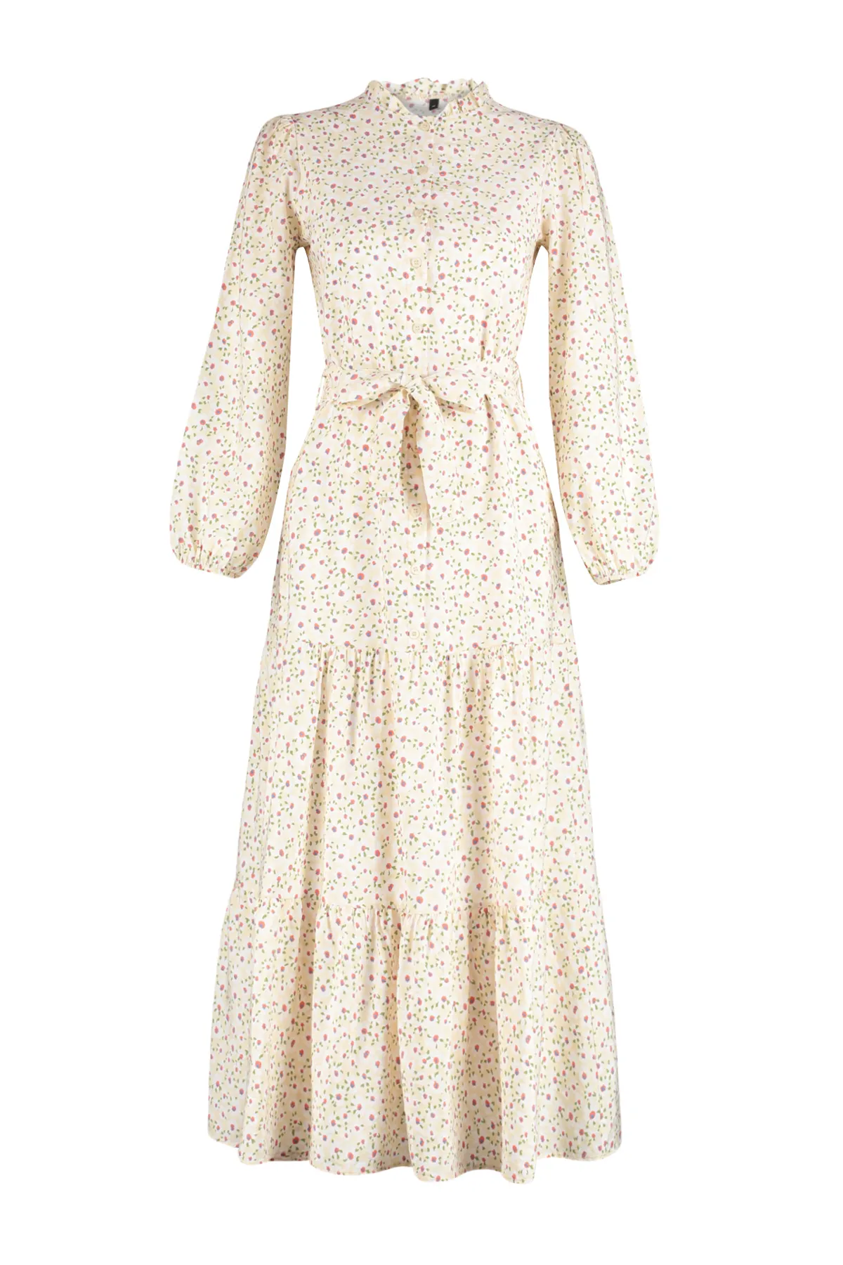 Trendyol Modest  Mehrfarbiger Rock mit Gürtel, Volants, Blumenmuster, gefüttertes Webkleid TCTSS23EB00294