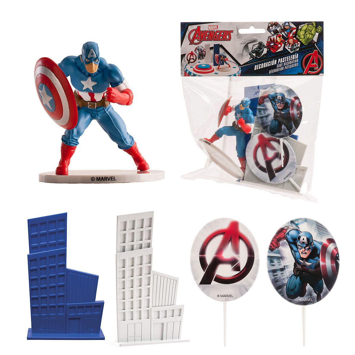Tortendeko Set Captain America mit 2 Häusern und 2 Kerzen