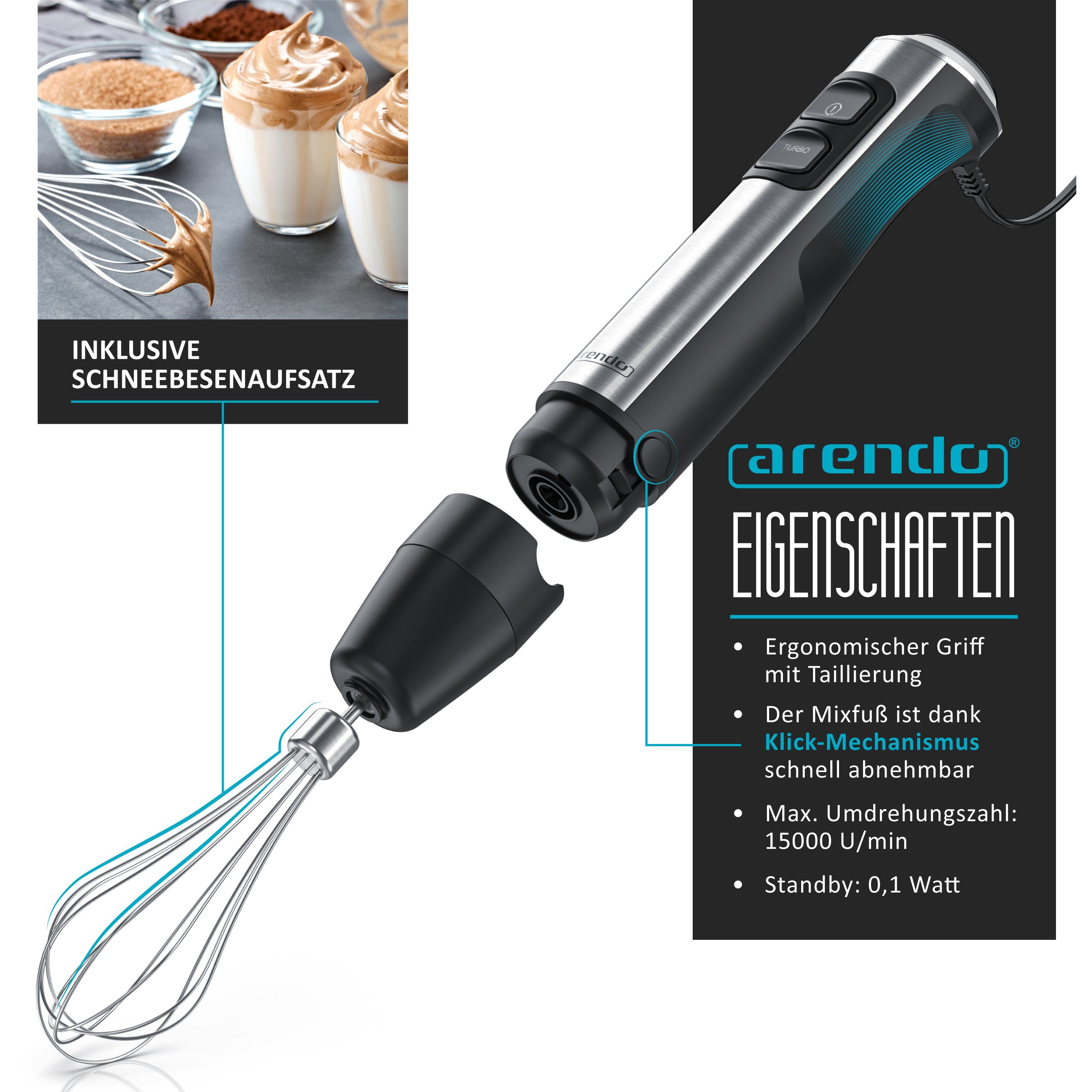 Arendo Stabmixer, 1200 W, Edelstahl, mit Schneebesenaufsatz, Pürierstab mit abnehmbarem Mixfuß