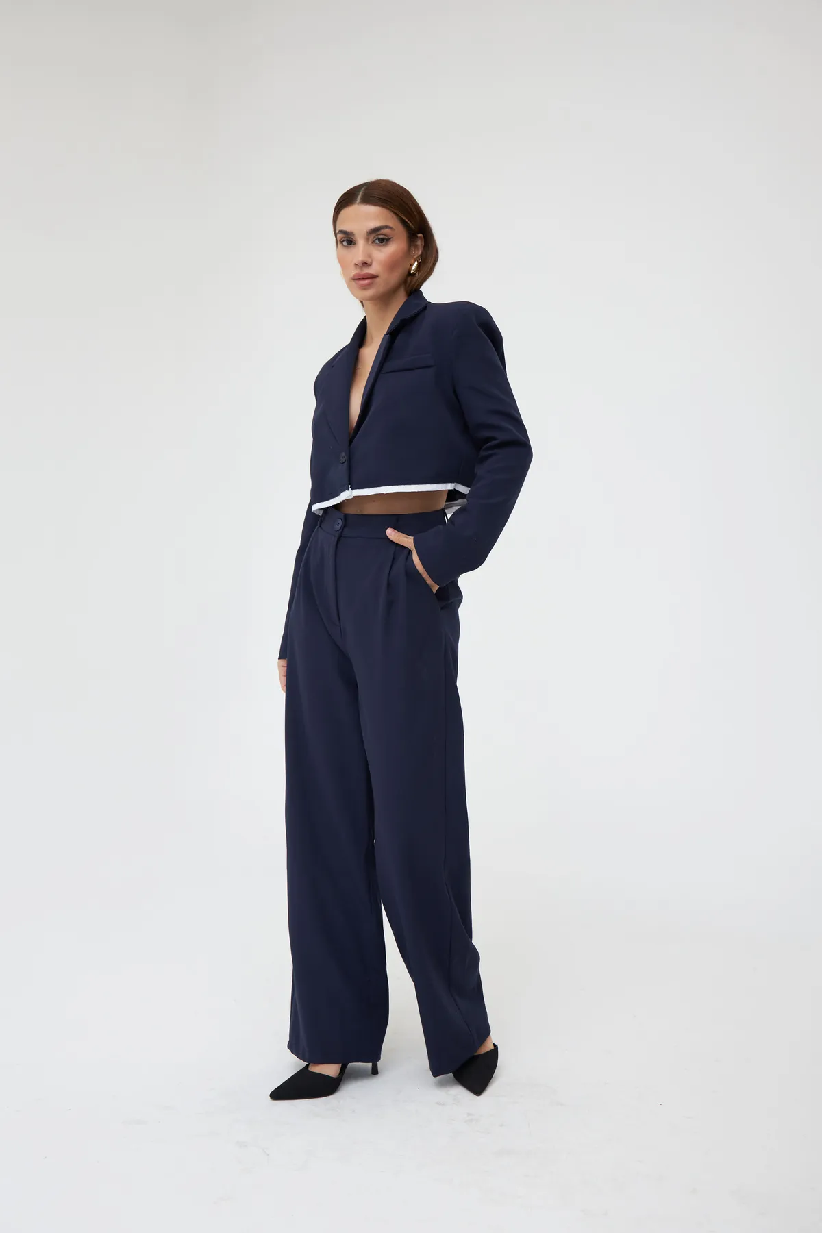 Laluvia  Marineblaues Palazzo-Set mit kurzem Jackett