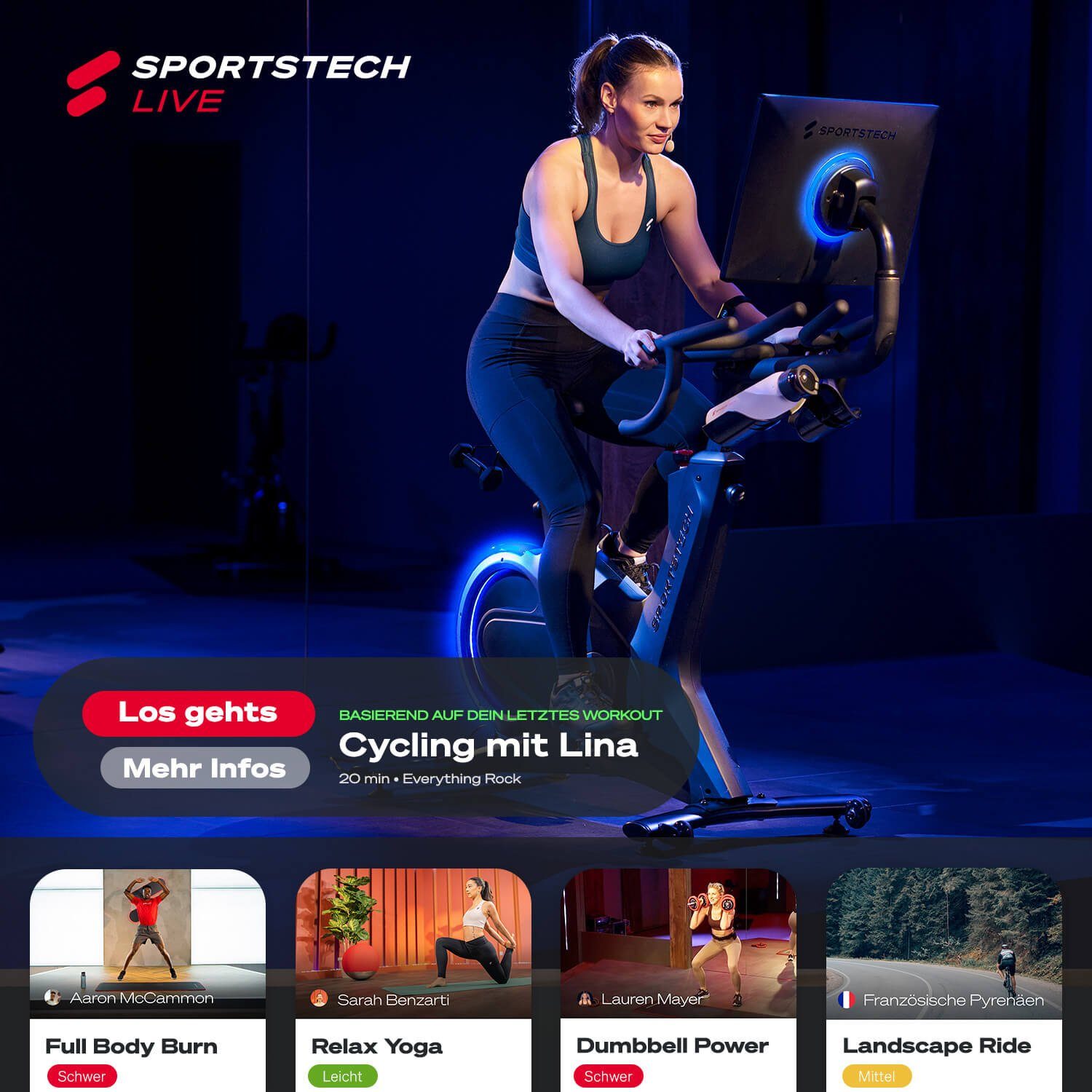 Sportstech Speedbike sBike (Speedbike Heimtrainer Sportstech Fitness Bike für Zuhause), Smart Indoor Cycling Bike, 21,5“ Touch Display Live & On Demand Kurse