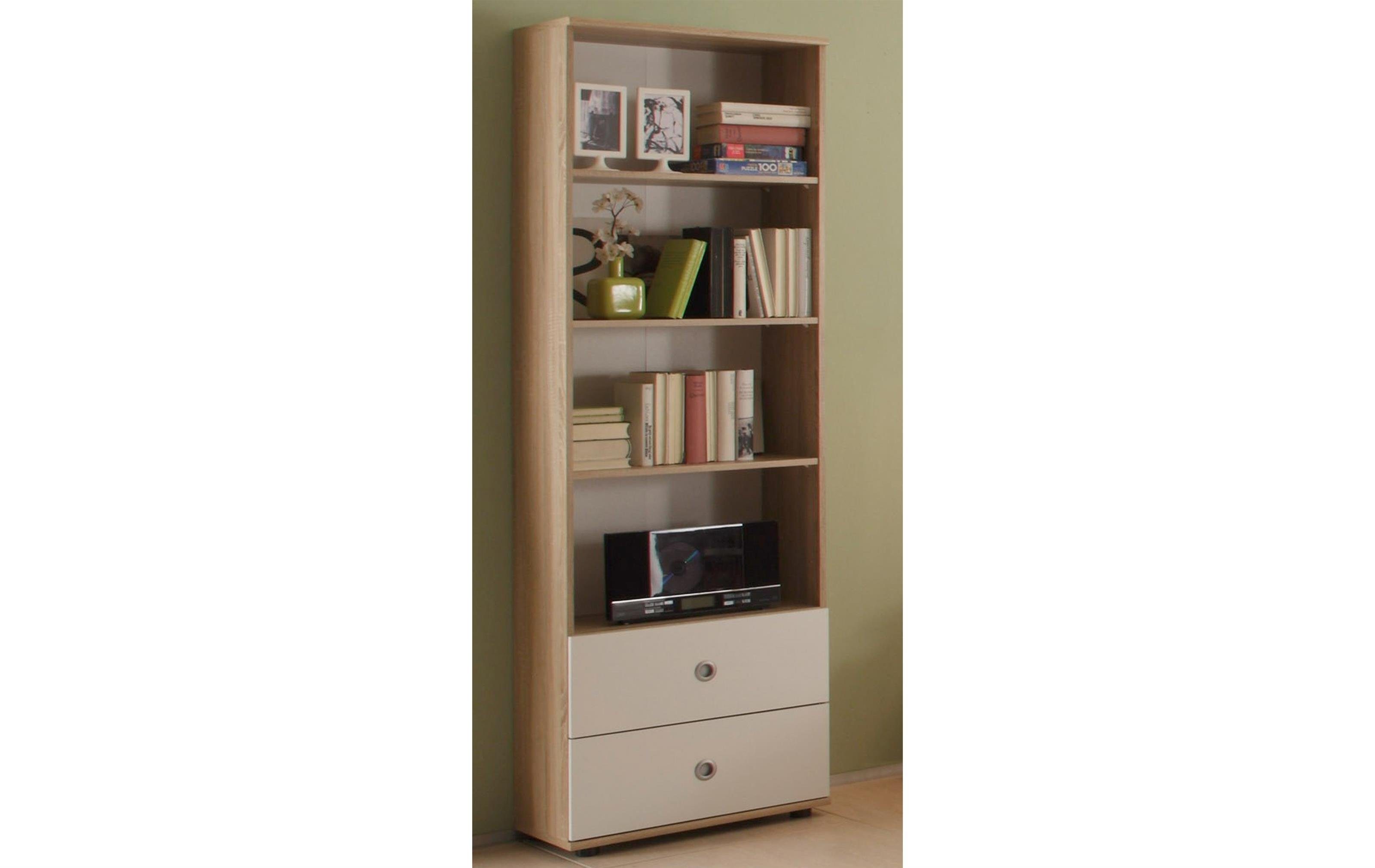 möbelando Jugendzimmer-Set Floris, (4-St), Modernes Jugendzimmer aus Spanplatte in Sonoma-Eiche Nachbildung, Absetzungen in Weiß bestehend aus 1 Schreibtisch, 1 Jugendbett, 1 Regal und 1 Kleiderschrank. Individuelle Stellmöglichkeit